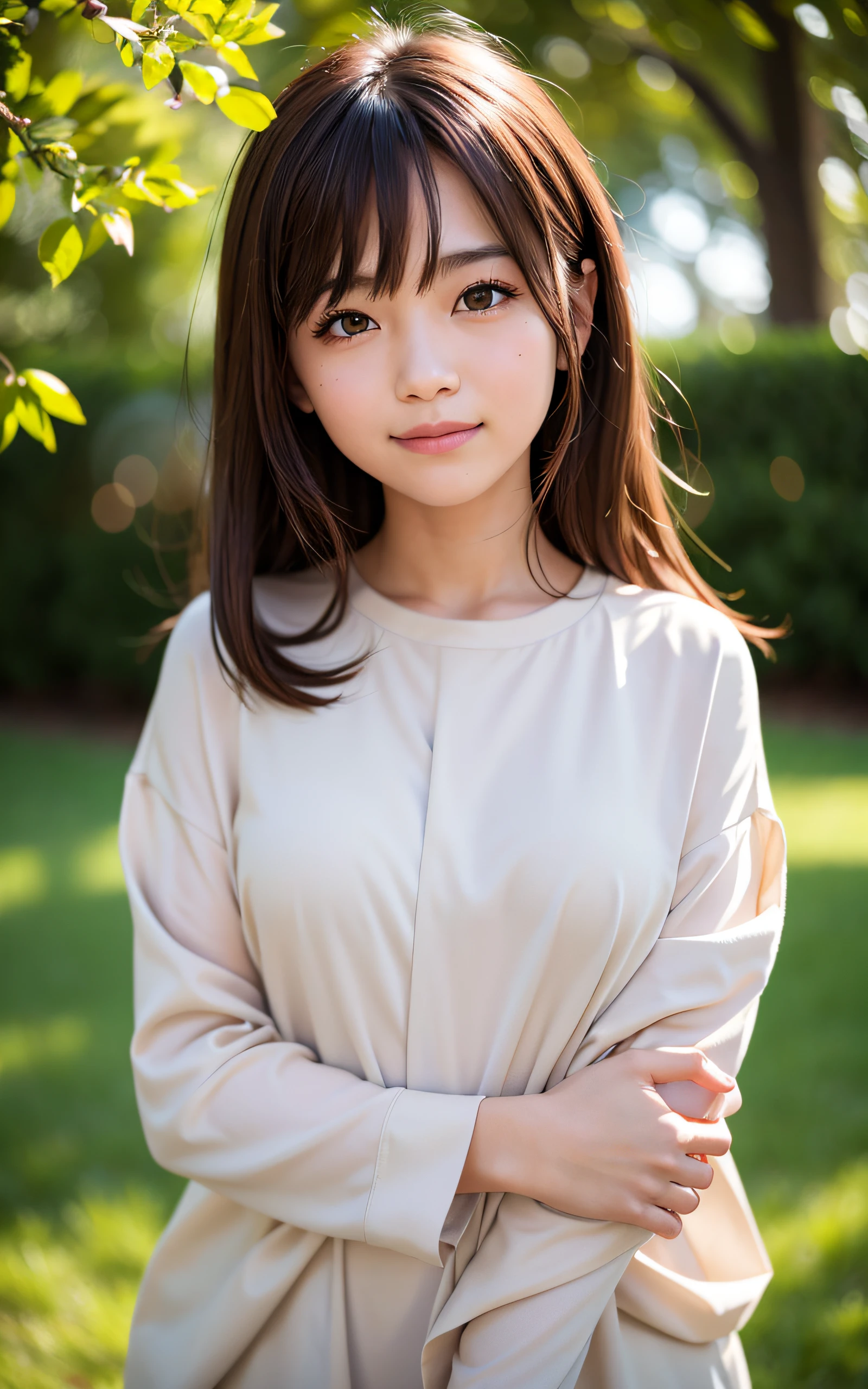 masutepiece, Best Quality, 8K, 1girl in, Right hand, Correct human finger, 14 yo, close up of face, (Smile), Cute, Girly, Goddess, Delicate girl, Neat and clean beauty, medium breasts⁩, Luminescent, Looking away, Raw photo, F/1.8, 135 mm, NIKON, Anatomically correct, Bokeh，Textured skin, Professional Photography, Portrait, Soft light, Professional Lighting, Back Light, Film grain, (Eyes and faces with detailed:1.0), Brown hair, Medium hair swaying in the wind, Bangs, silk shirt