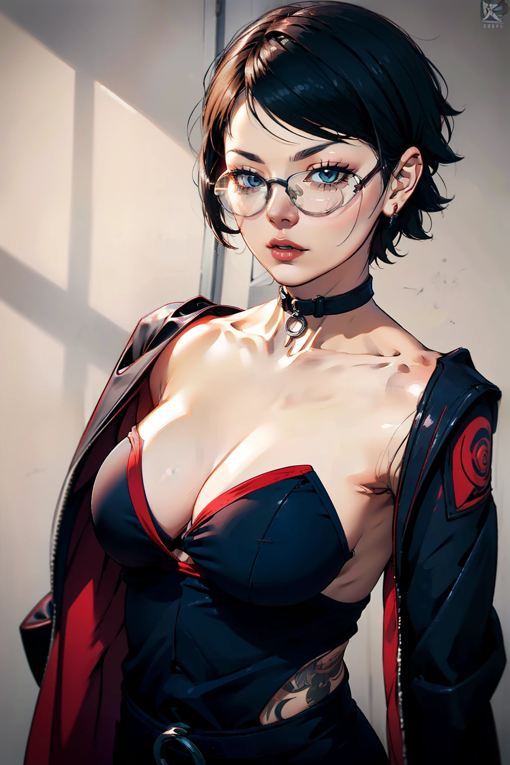 (very detailed background:1.0), (highly detailed background:1.0), (Masterpiece), High Quality, 1girl, woman, tattoo, irezumi, depth of field, dynamic lighting, high quality shadows, feminine, plunging neckline, breast curtains, Revealing clothes, ,  dress,  ,   black hair and glasses in a black dress, female protagonist