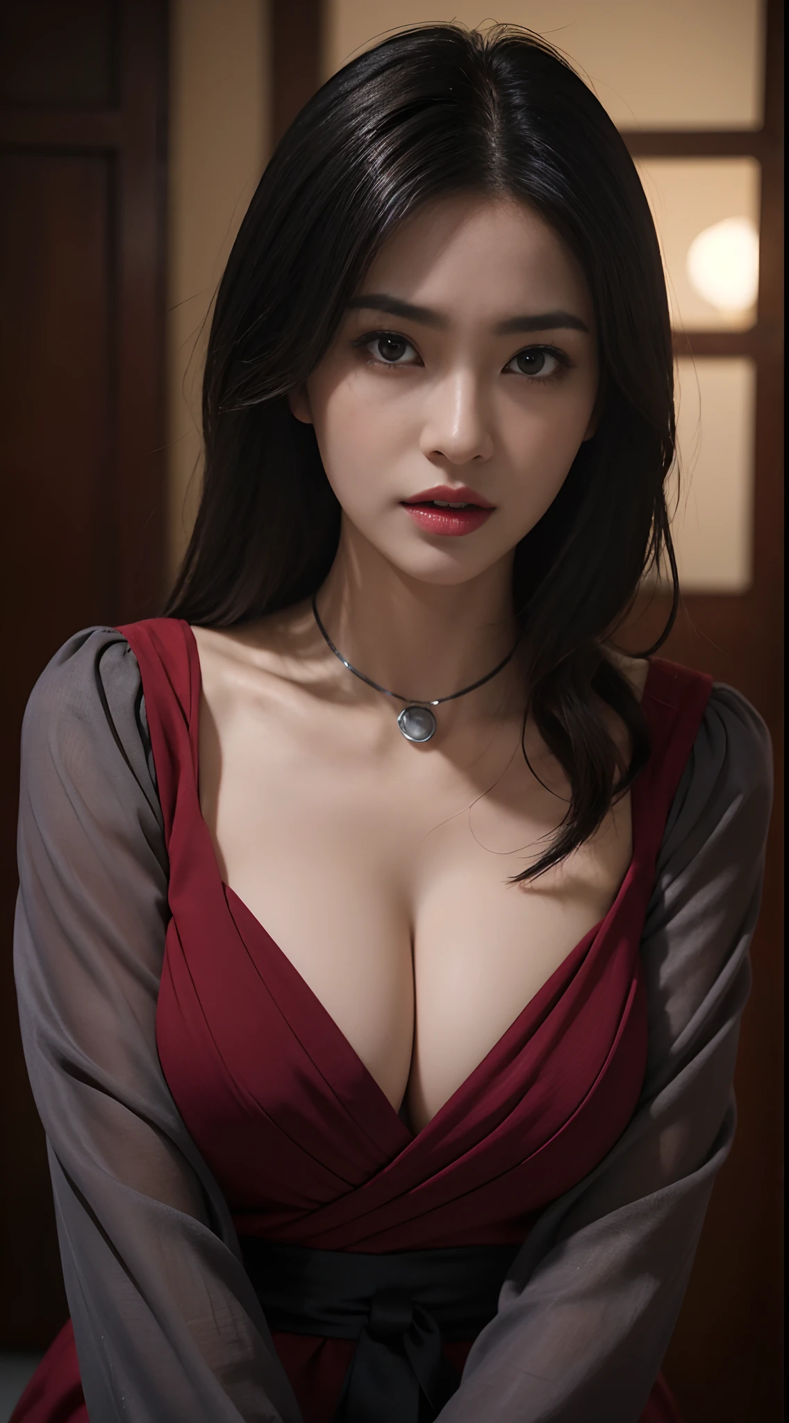 Kunoichi of the Sengoku period、Female ninja、Beautie high-level image quality hight resolution Realistic Shorthair、fullnude、Woman with dark hair、A MILF、Middle-aged woman、Big big、Detailed red-black nipples ,,,,,,、detailed skin textures、超A high resolution、Realistic、Voluptuous body shape、angry looking face、Middle-aged beauty、Beautiful expression、With detailed red-black areola 、Detailed green eyes、long fluffy hair、Kamimei、Very delicate and detailed skin texture、Female, 35 years old、Being on the battlefield of the Warring States period、Kunoichi of the Sengoku period、Large cleavage、Large open neckline、bright red lips、Gorgeous Gunmetal Sneak Costume、ear ornament、Silver collar and necklace、