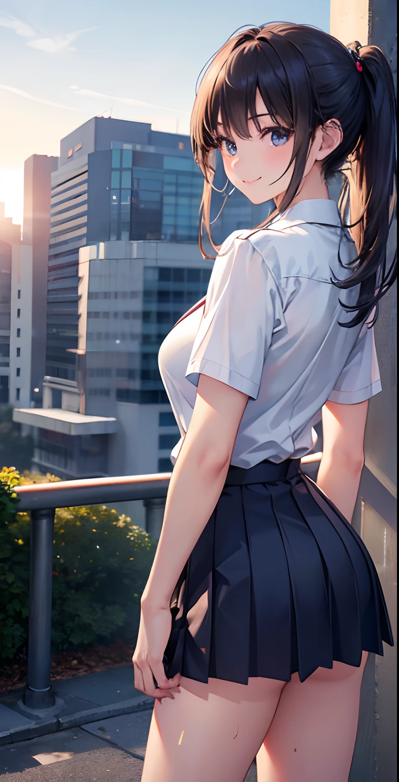 (master piece, best quality:1.3), (ultra detailed 8k cg:1.2), (hyperrealistic:1.35), (photorealistic:1.45), (realistic:1.4), cowboy shot, (see back:1.2), (from back:1.4), 1 beautiful Japanese girl, 19 years old, Supermodel, Japanese idol, (smile), big breasts, sweaty skin, collared shirt, Very short pleated skirt, [high school uniform], ,, (Tilt stand forward:1.4), (stand:1.1) on the street,
