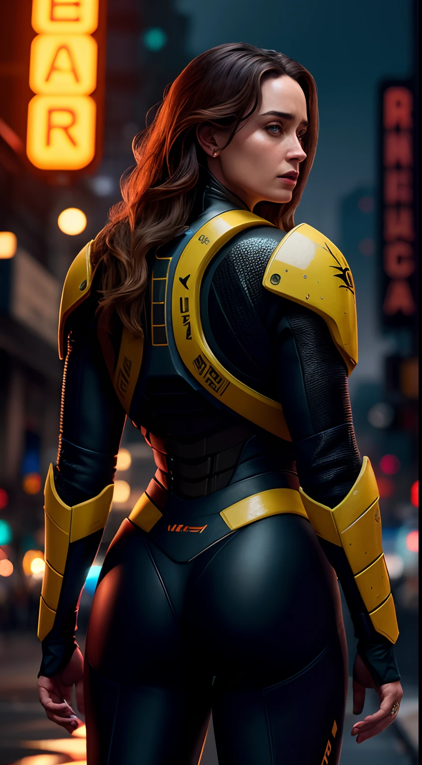 Obra-prima, rear view, uma bela Emily Blunt, in a street bustling with neon signs, Starship Troopers Aesthetics, cyberpunk aesthetics, cabelo longo, Very detailed lighting, dramatic, trending digital art in Artstation 8k HD realistic detailed high definition, detalhado, textura da pele, hiper detalhado, textura de pele realista, armadura, melhor qualidade, ultra alta res, (fotorrealista: 1.4), alta resolução, detalhado, Foto crua, Sharp Re, por Lee Jeffries Nikon D850 Film Fotografia de Stock 4 Kodak Portra 400 Camera F1.6 Lens Rich Colors Hyper Realistic Texture Dramatic Lighting UnrealEngine trend in ArtStation Cinestill 800