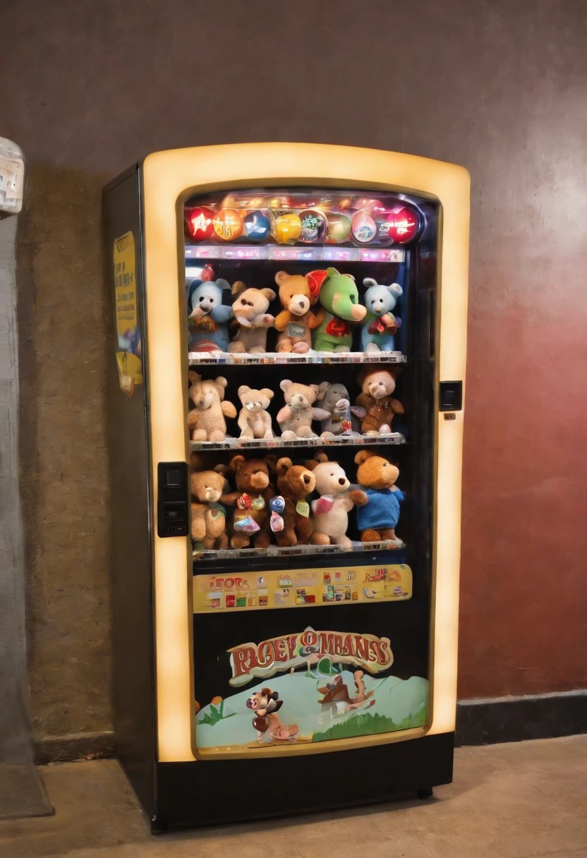 There is a vending machine with stuffed animals, jogo arcade, Arcade Machine, um arcade movimentado, Arcade machines, Invasion of TripMachines, Dunkey do videogame, brinquedo infantil, childrens toy, brinquedos infantis, childrens toy, broken toys are scattered around, 🐋 as 🐘 as 🤖 as 👽 as 🐳, foto do brinquedo, Broken vending machines