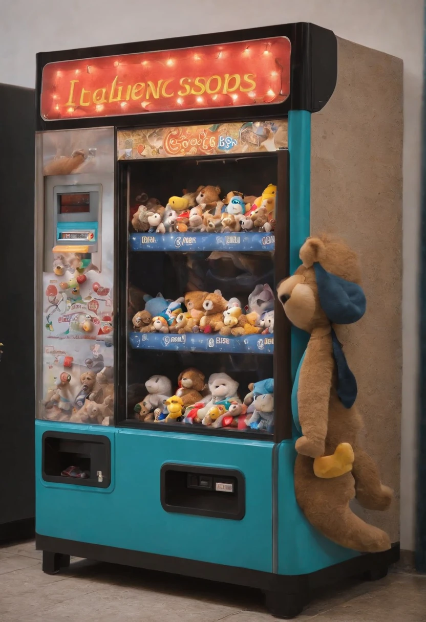 There is a vending machine with stuffed animals, jogo arcade, Arcade Machine, um arcade movimentado, Arcade machines, Invasion of TripMachines, Dunkey do videogame, brinquedo infantil, childrens toy, brinquedos infantis, childrens toy, broken toys are scattered around, 🐋 as 🐘 as 🤖 as 👽 as 🐳, foto do brinquedo, Broken vending machines