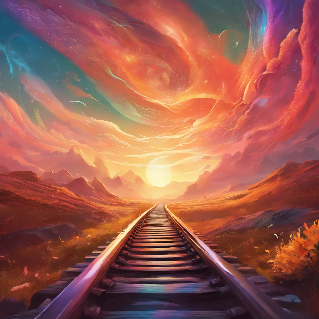 ((Two railways)), (branch railway ahead), one railway winding its way to the horizon of a brighter golden, the other snaking its way to the depths of a starless. Style of Psychedelic. Colourful waves in sky. Artstation, high details, 8K