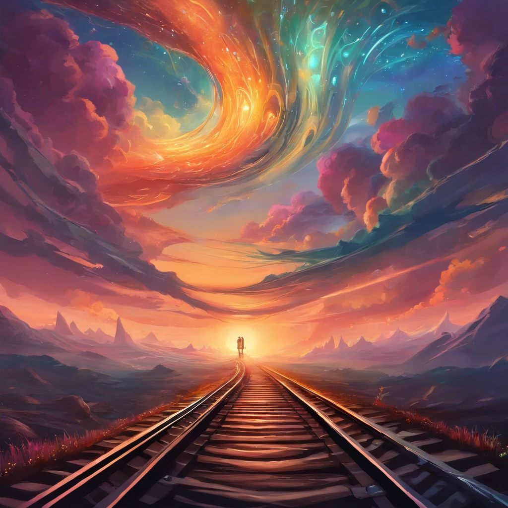 ((Two railways)), (branch railway ahead), one railway winding its way to the horizon of a brighter golden, the other snaking its way to the depths of a starless. Style of Psychedelic. Colourful waves in sky. Artstation, high details, 8K