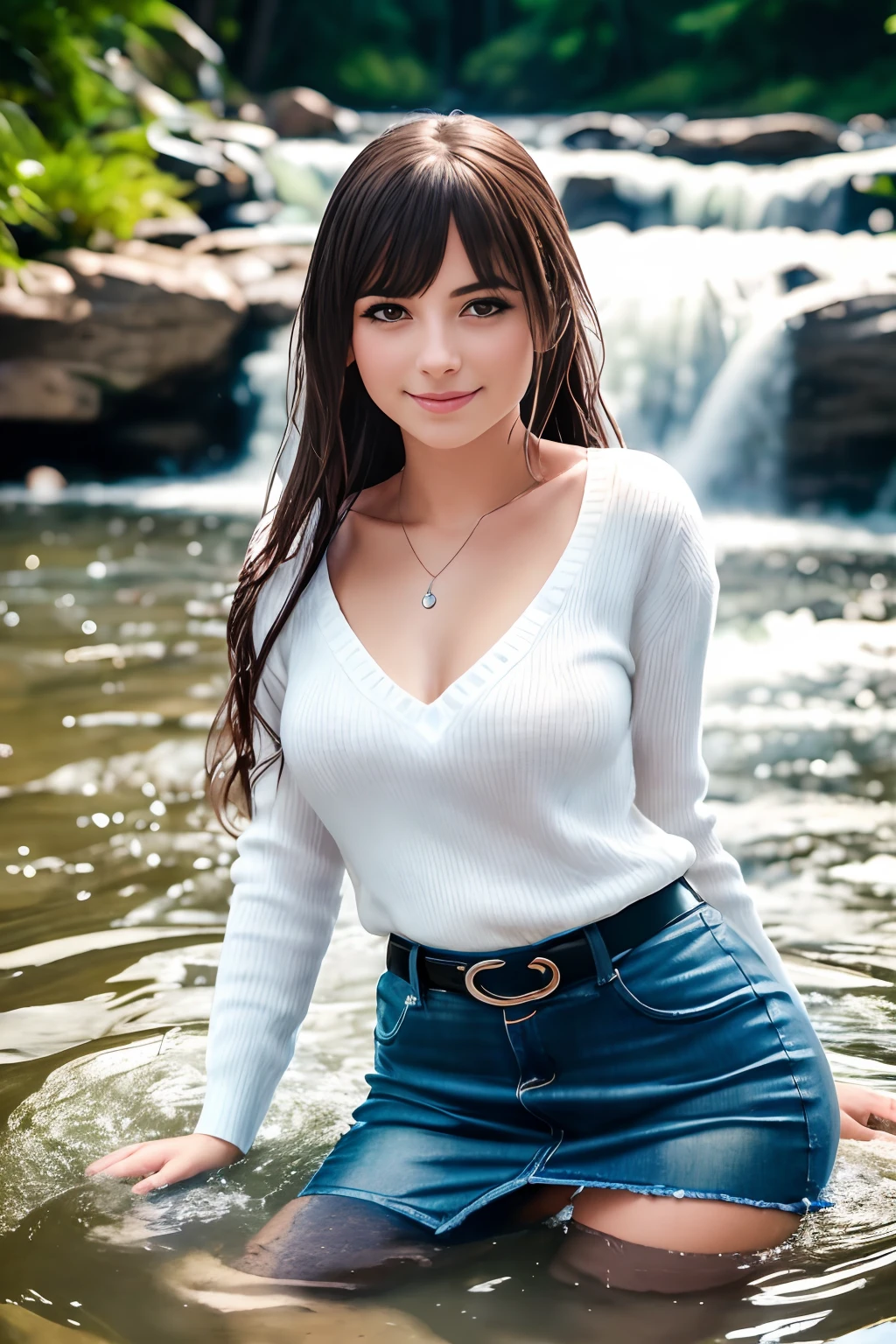woman sitting in the water, (long hair), bottom angle, in a pond, in water up to her waist, in the water, denim skirt, belt, ((v neck pullover)), white shirt, seated in the water, charli bowater, cute woman, with a waterfalls, casually dressed, wet look, portrait shot, mid shot portrait, playing in water, smiling at viewer, coy, cute shot, narrow depth of field, 8k, nsfw