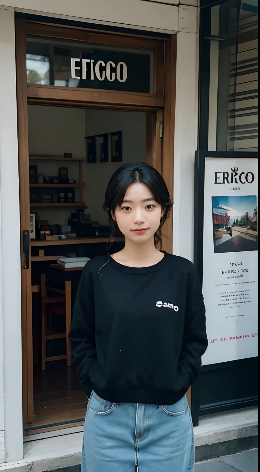 arafed woman standing in front of a sign that says erigoo, fujita goro, eichiro oda, by Elena Guro, shot with sigma f / 4. 2, shot with sigma f/ 4.2, hiro, shot on canon eos r5, shot on canon eos r 5, official store photo, fujita goro!, discovered photo