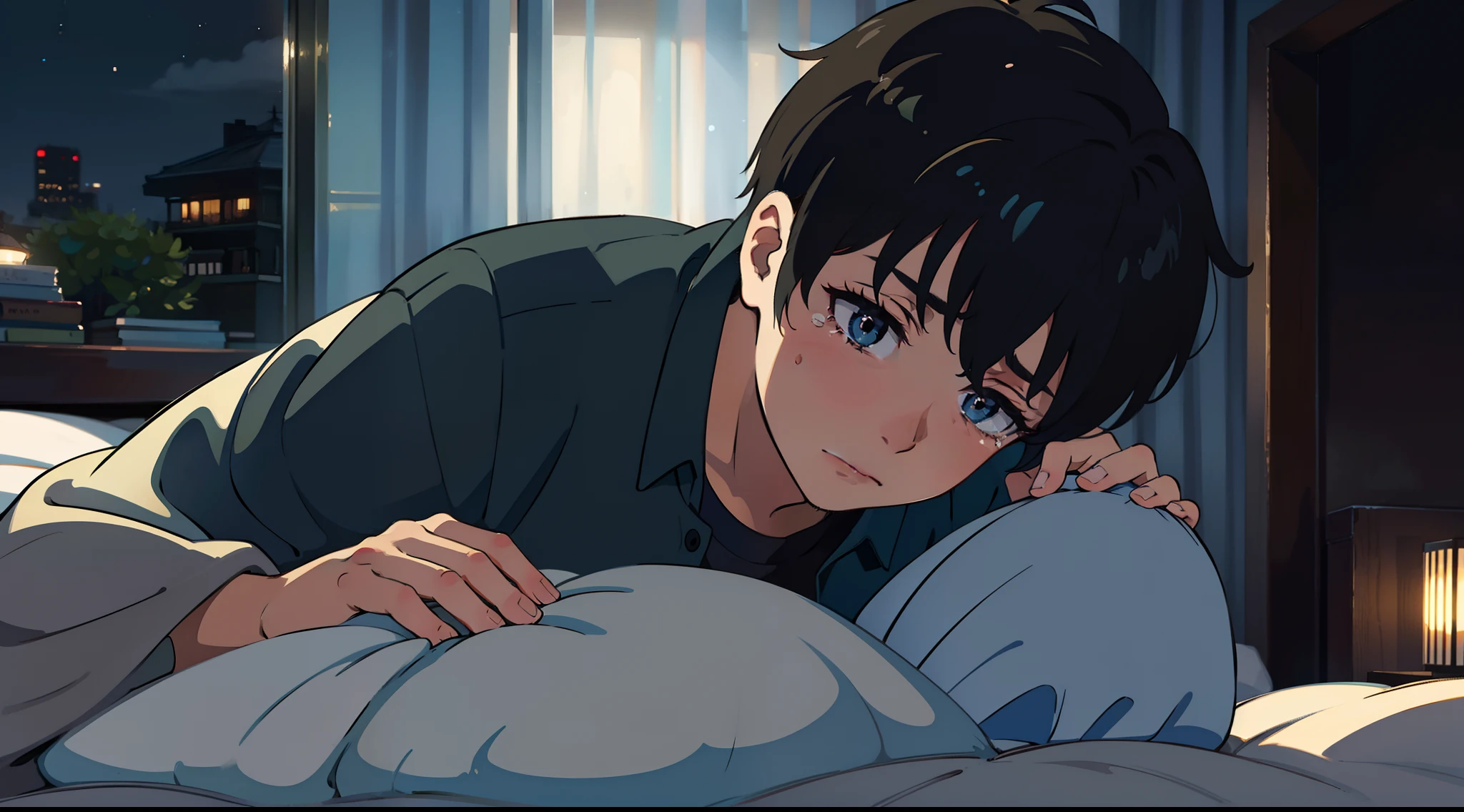 A Sad boy Crying in dark room, male, Night, bed