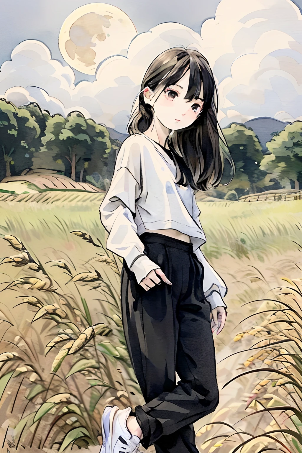 a girl,Turn Back,wheat field,Moon,Wearing a white shirt and black Pants,white shoes,Best possible quality
