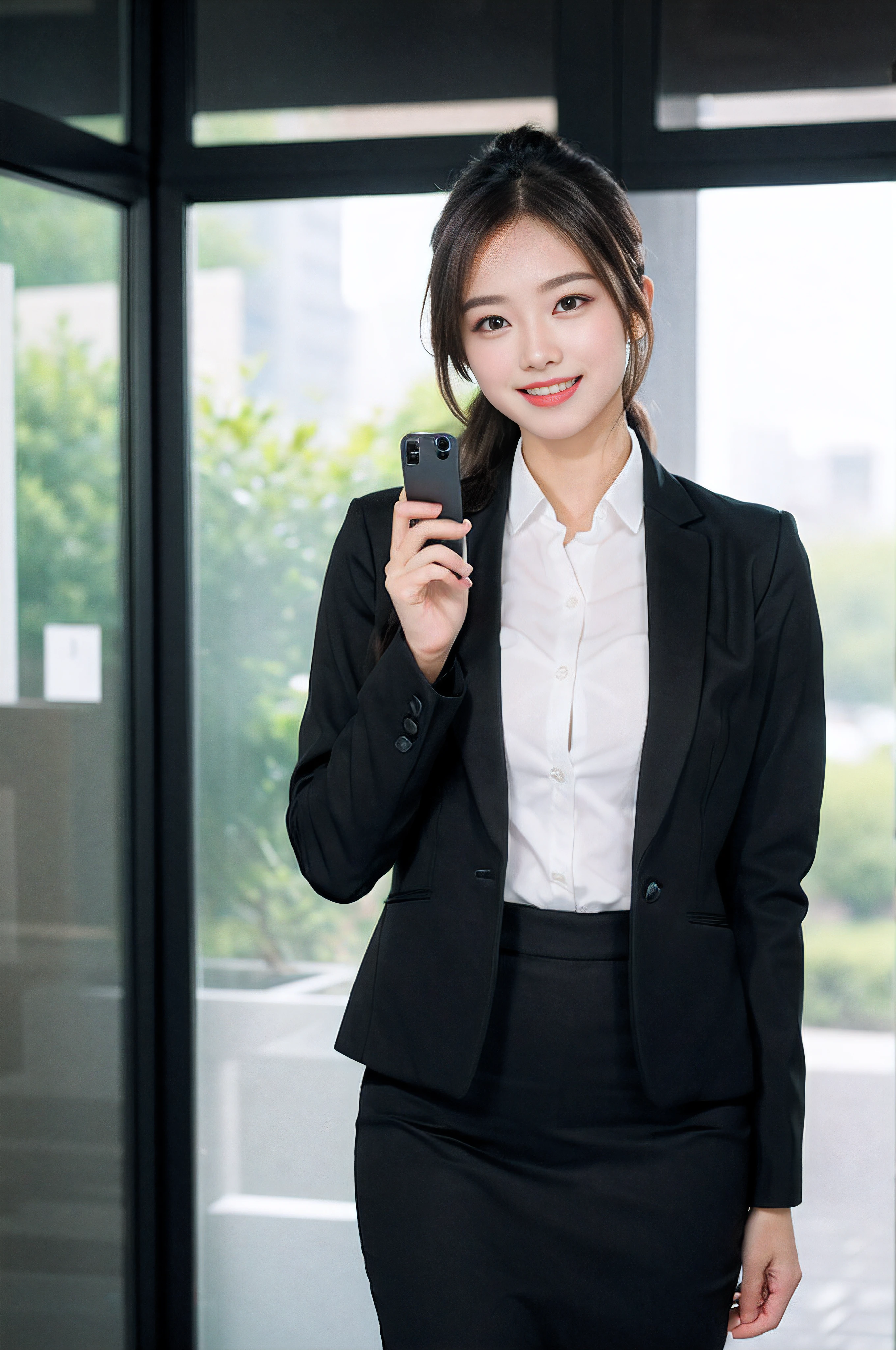 Wagas、Calling on your smartphone、Beautiful woman、business sui、Black jacket、White button shirt、tight skirts、a picture、A detailed face、Detailed lips、A detailed eye、a smile