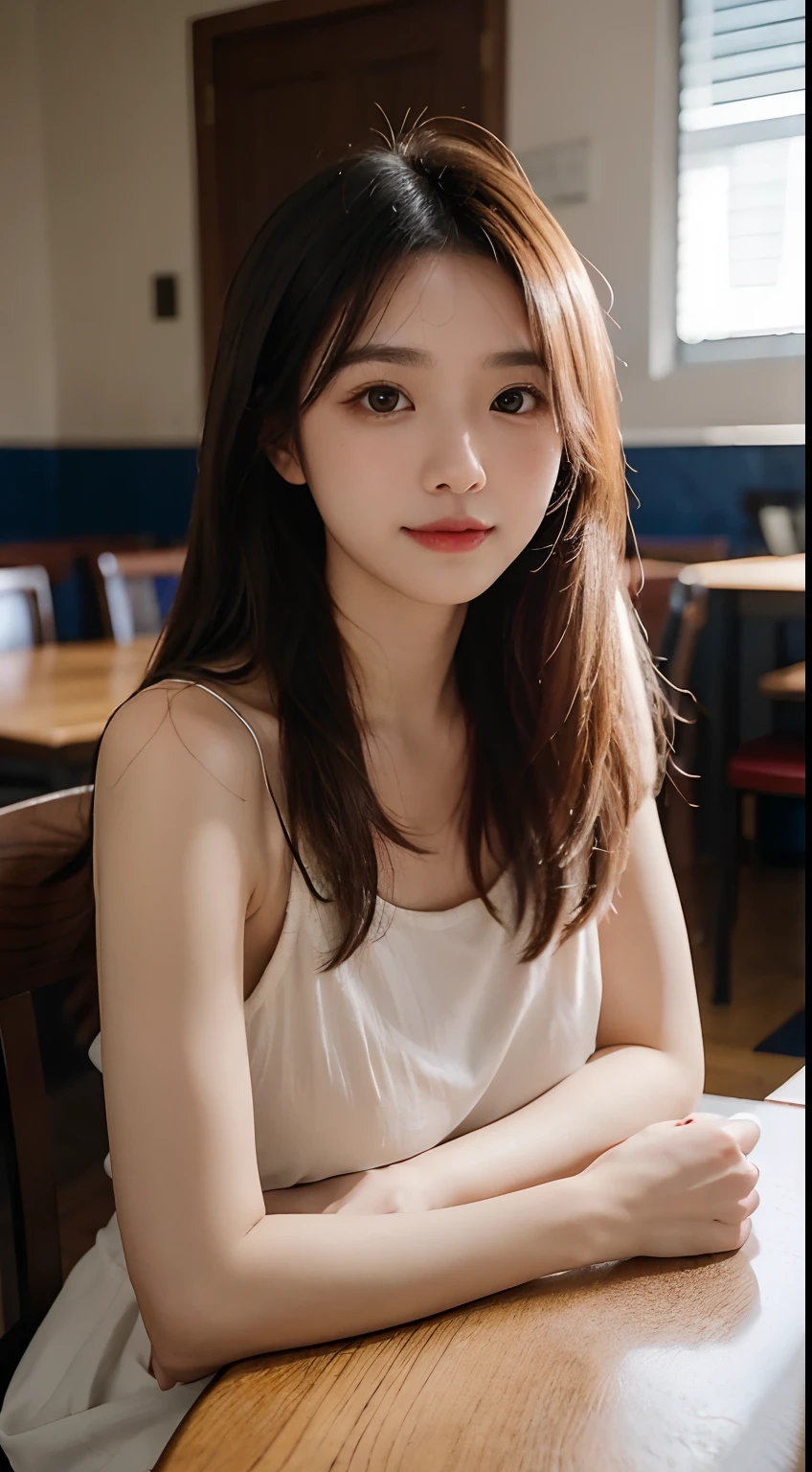 there is a woman with long hair sitting at a table, wan adorable korean face, shot on nikon z9, young adorable korean face, portrait of female korean idol, she has a cute expressive face, young cute wan asian face, captured on canon eos r 6, she has a cute face, shot on canon eos r5, shot on canon eos r 5