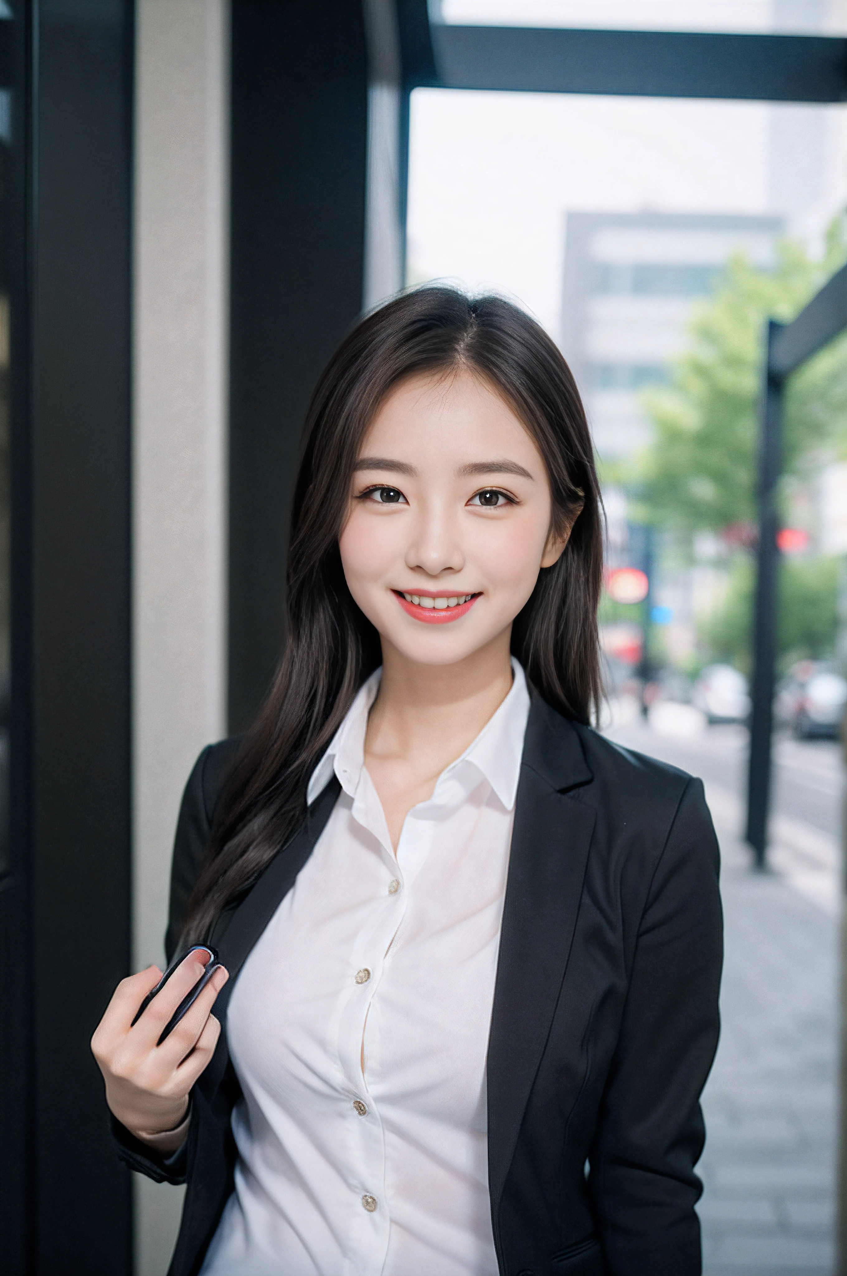 Wagas、Calling on your smartphone、Beautiful woman、business sui、Black jacket、White button shirt、tight skirts、a picture、A detailed face、Detailed lips、A detailed eye、a smile