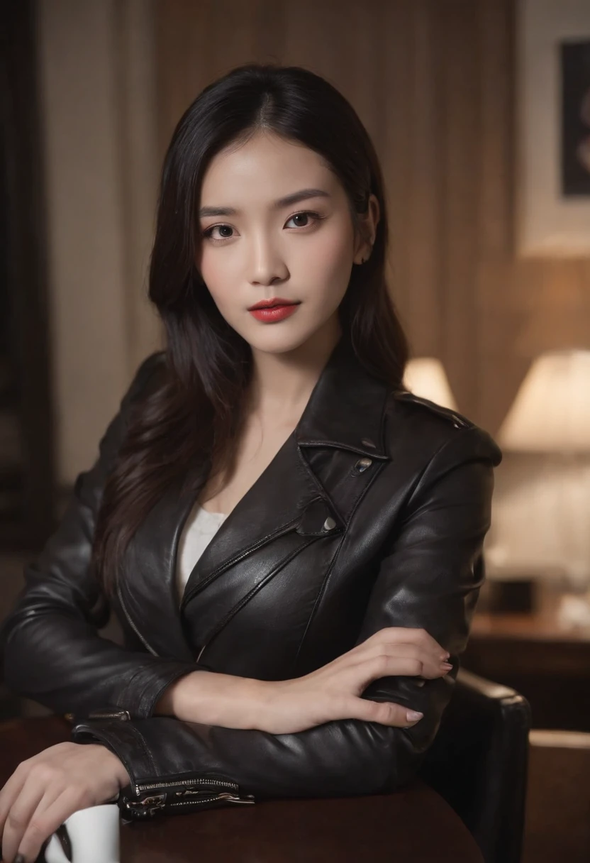 Wearing black leather gloves up to the fingertips and covering the upper body, black leather double rider jacket, slender necklace, a young and cute Japanese girl with beautiful black hair, sitting on a black leather chair facing the desk in the president's room at night, aligning both hands on the desk