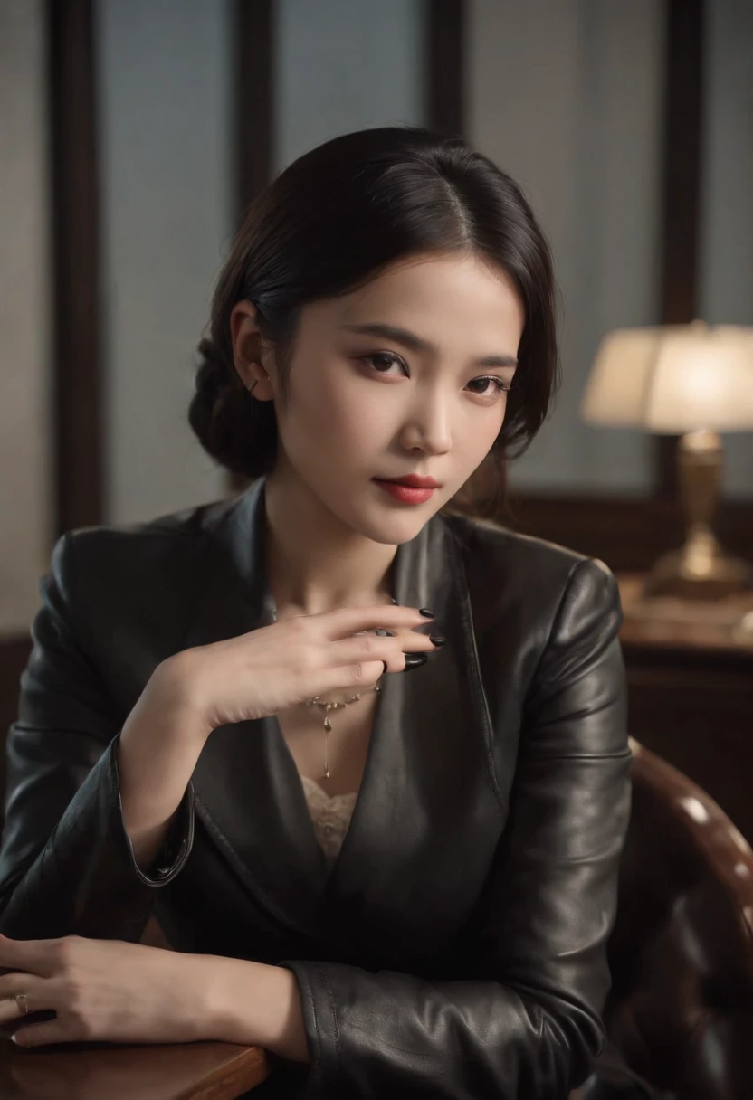 Wearing black leather gloves up to the fingertips and covering the upper body, black leather double rider jacket, slender necklace, a young and cute Japanese girl with beautiful black hair, sitting on a black leather chair facing the desk in the president's room at night, aligning both hands on the desk