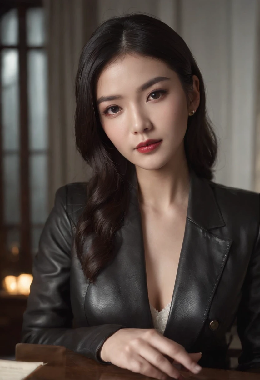 Wearing black leather gloves up to the fingertips and covering the upper body, black leather double rider jacket, slender necklace, a young and cute Japanese girl with beautiful black hair, sitting on a black leather chair facing the desk in the president's room at night, aligning both hands on the desk
