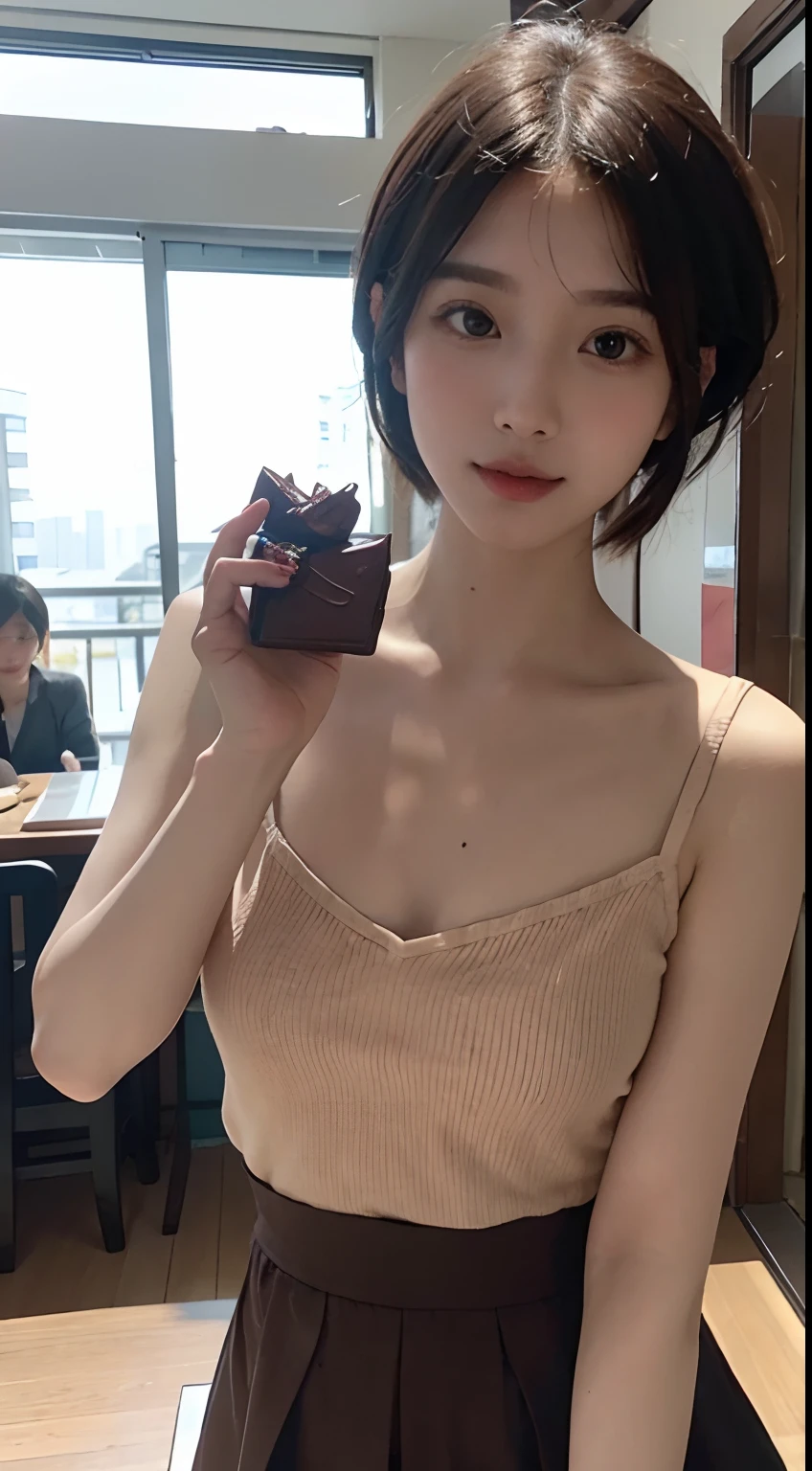 there is a woman holding a piece of chocolate cake with a piece missing, sakimichan, ulzzang, 8k selfie photograph, jinyoung shin, jaeyeon nam, chiho, heonhwa choe, xintong chen, with cute - fine - face, wenfei ye, sun yunjoo, sakimi chan, with short hair,