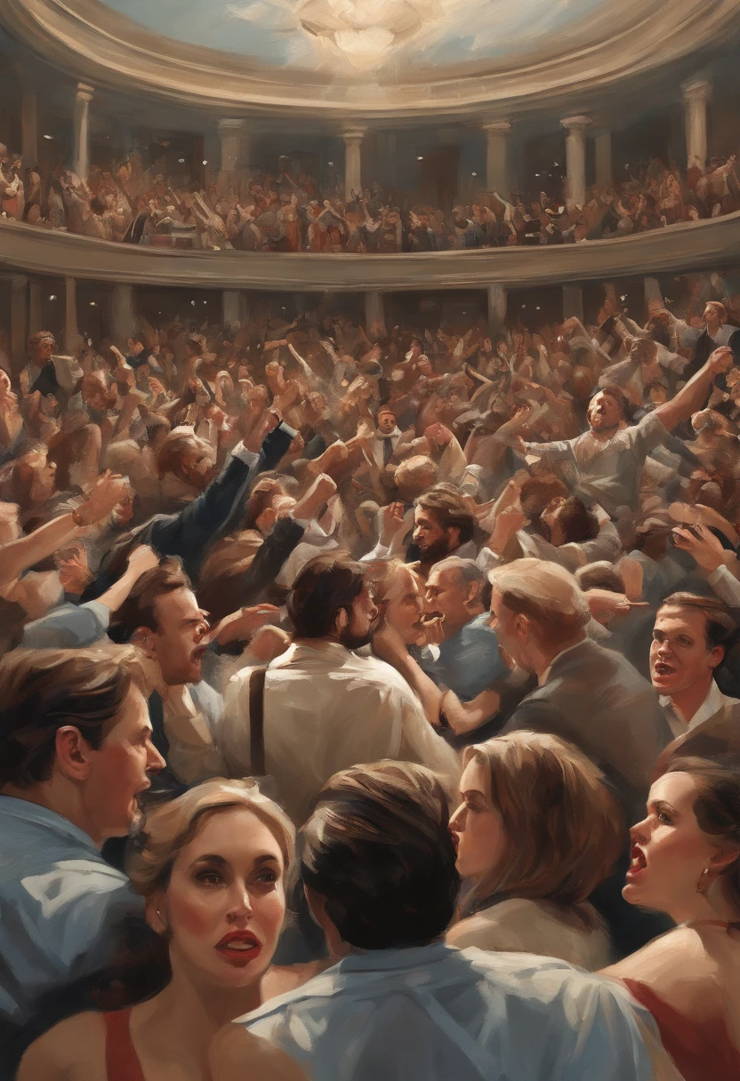 ''' Illustration of Chaos and Panic Among Theatergoers
Create an illustration that vividly portrays the chaos and panic among the theatergoers immediately following the gunshot. Show a tumultuous scene with audience members in various states of distress. Depict people frantically rushing for the exits, some frozen with shock, while others are helping each other escape. Use a dynamic illustrative style that conveys the raw emotions and frenzied atmosphere of the moment. Pay special attention to facial expressions, body language, and the overall composition to capture the intensity of the situation.
Art Style: Dynamic Illustration
Art Inspirations: Expressionist art, realist sketches
Camera Shot: Wide angle
Camera Lens: 35mm
Render Style: Dynamic
Resolution: High