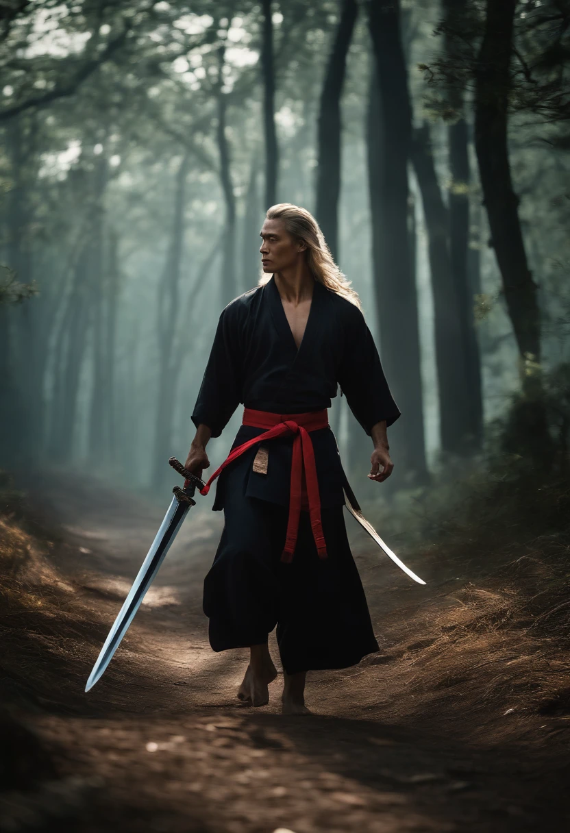 A martial artist,Holding a long sword,Walk on the forest path,long whitr hair,The background is desolate