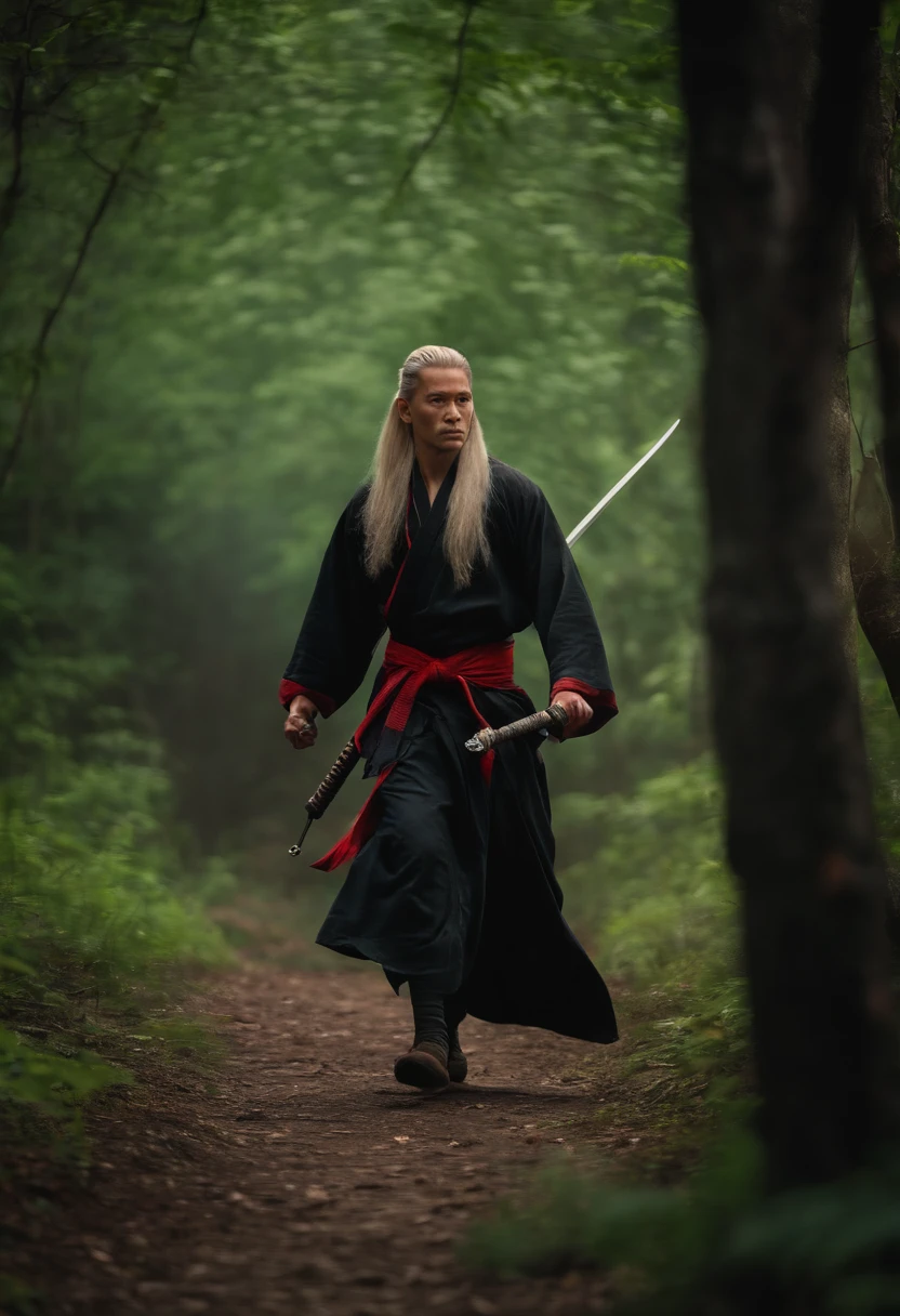 A martial artist,Holding a long sword,Walk on the forest path,long whitr hair,The background is desolate