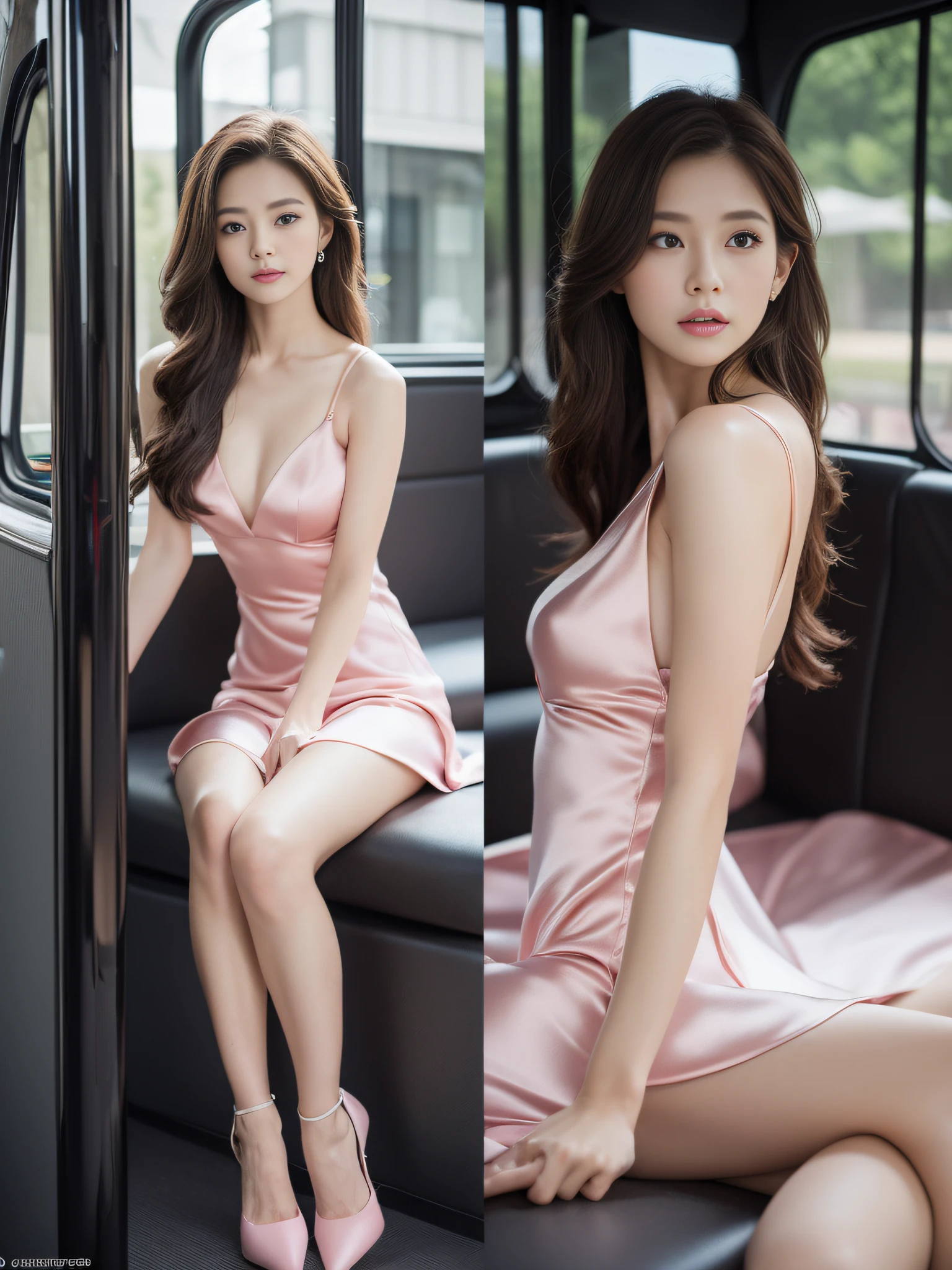 ((Day, Best quality, 8k, Masterpiece:1.3, Realistic)), Whole body, Long legs:1.2, Sharp Focus:1.2, A pretty woman with perfect figure, Slender abs, ((1 girl, Long dark brown hair, Medium breasts)), ((Pink tight silk dress, Pink pointed heels, Sitting:1.2, Bus)), (Dynamicposes:1.2, Soft lighting, Looking at viewers, Side angle view, Fashionable), Single shot, 1 girl, Highly detailed face and skin texture, Detailed eyes, Double eyelid