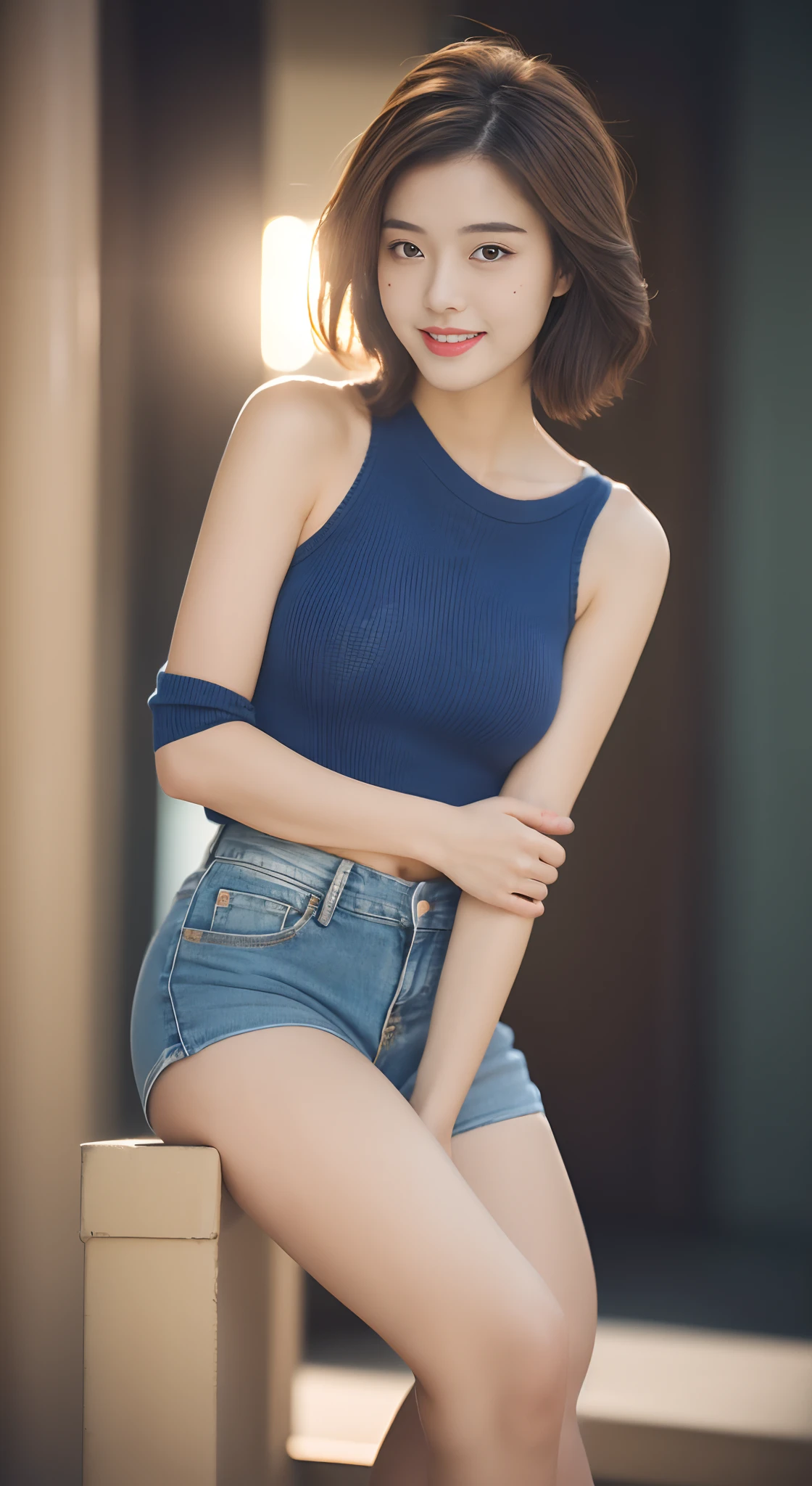 1 very beautiful woman, 25 age old, Solo, Best quality, Photorealistic, tmasterpiece, 8K high-definition, A high resolution, Extremely detailed face, (Professional lighting,Bokeh),(light particules,lens flare glow,Luminous Particle:0.6),gentlesoftlighting,Trendy atmosphere,jpn,the street,Stylish and beautiful short hair, A brown-haired, Hair is delicate and soft,Fluttering, cparted lips, lipsticks, Seductive smile, ssmile, Open-mouthed, teeth, Swan neck,Shave your shoulders, Bigchest,(Golden ratio figure),Wear a blue skinny sweater, (Wash blue)(skintight jeans),(detailed outfits:1.5), 二重まぶた,long eyelasher, birthmark, (Moles under eyes: 1), The calves are well-proportioned, slenderness:1.2,A pair of white and tender jade feet,Beautiful lotus feet:1.5,( Coquettish sex,Coquettish and beautiful pose,The posture is diverse),Female-centered focus photography,The waist is the focus,close focus,shooting full body:1.8,fully body photo:1.8