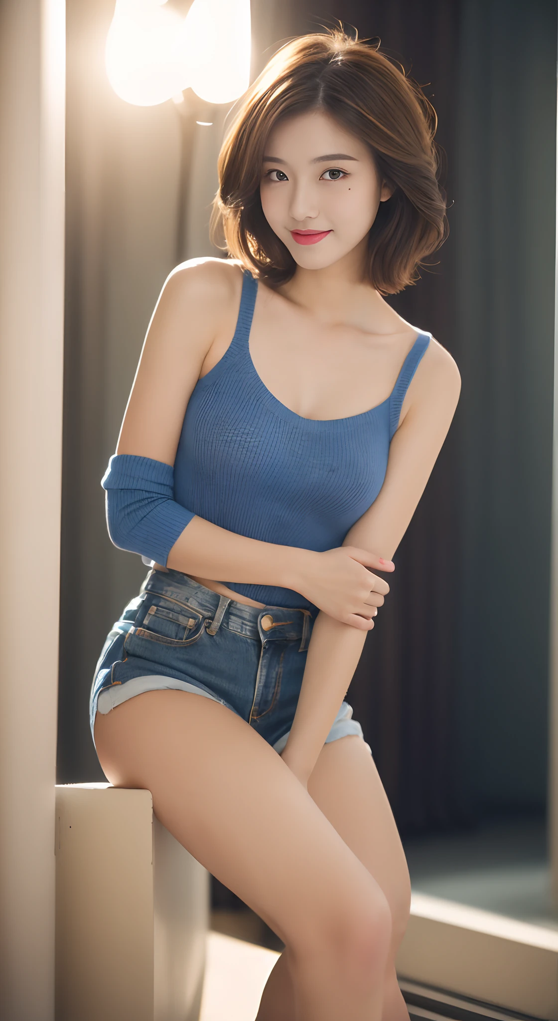 ((Outside the front door、Show underarms、Armpit、Navy blue sleeveless sweater、White panty、Facing the front、Sunlight shines on the body、Squatting!、opens legs!Squatting outside the front door of your home!、Armpit、Detailed armpit wrinkles、Detailed armpit pores、Realistic armpit skin、Detailed armpit skin、Show armpits、Open your legs to show your panties、Thin panties with transparent pubic hair、gazing at viewer、smil、The whole body towards the viewer、Show both armpits、Very small white panties、Outside the front door of your home、Crouch outside the outside door!NOWAI、open one's legs!、Outside the front door、)), (illustratio), (High resolution, (8K), (ighly detailed), (The best illustrations), (Armpit pose with legs open and crouching、Show armpits、beatiful detailed eyes), (top-quality), (ultra-detailliert), (masterpiece), (wall-paper), (详细的脸), (A smile、((40 years、red lipsticks,femele,Show realistic armpits))、Brown hair,short-hair,((Woman in dark blue sleeveless sweater and sexy white panties、Very small white panties、Pubic hair is visible,The navel is visible、 japanes,