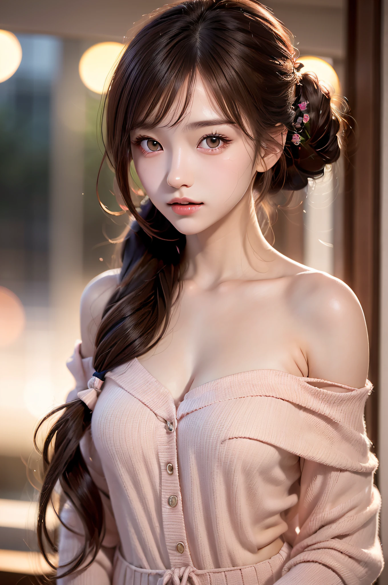 ((1girl in)), (Twintails), Brown hair, Amazing face and eyes, Pink eyes, (amazingly beautiful girl), Brown hair, off shoulder, ((Best Quality)), (Ultra-detailed), (extremely detailed CG unified 8k wallpaper), Highly detailed, High-definition raw color photos, Professional Photography, (((Bokeh))), depth of fields, Twilight, Sunset