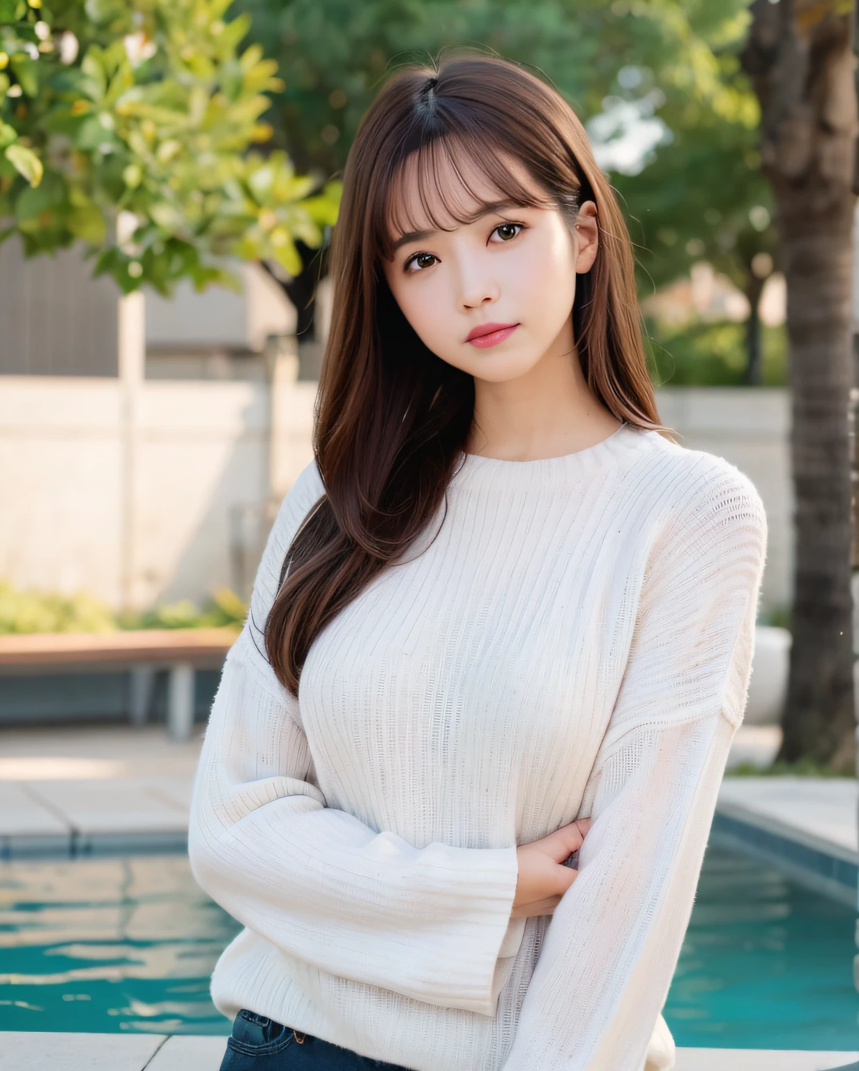 pureerosface_v1, best quality, photorealistic, 8k, high res, 1girl, woman, (skindentation), (portrait:0.6), gorgeous, dynamicpose, ((poolsidebackground:1.6)), coconut tree, ((mediumsize roundbreast, white highnecksweater:1.4)), straight-looking at viewer:1.8, (1girl eyes looking at viewer, medium-length hair,  brownhair, partedbangs:1.65), (bokeh), (closed mouth:1.46),