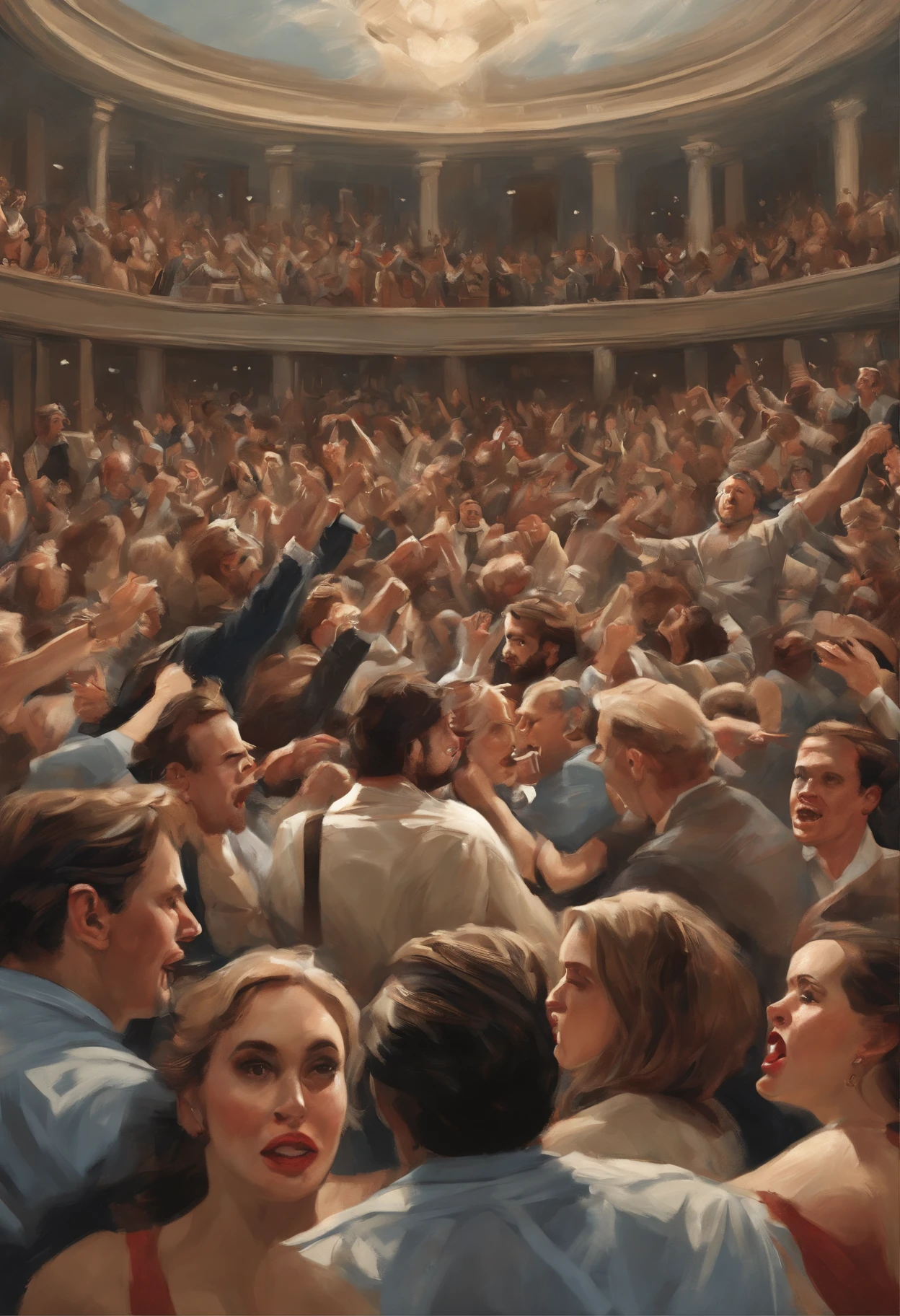 ''' Illustration of Chaos and Panic Among Theatergoers
Create an illustration that vividly portrays the chaos and panic among the theatergoers immediately following the gunshot. Show a tumultuous scene with audience members in various states of distress. Depict people frantically rushing for the exits, some frozen with shock, while others are helping each other escape. Use a dynamic illustrative style that conveys the raw emotions and frenzied atmosphere of the moment. Pay special attention to facial expressions, body language, and the overall composition to capture the intensity of the situation.
Art Style: Dynamic Illustration
Art Inspirations: Expressionist art, realist sketches
Camera Shot: Wide angle
Camera Lens: 35mm
Render Style: Dynamic
Resolution: High