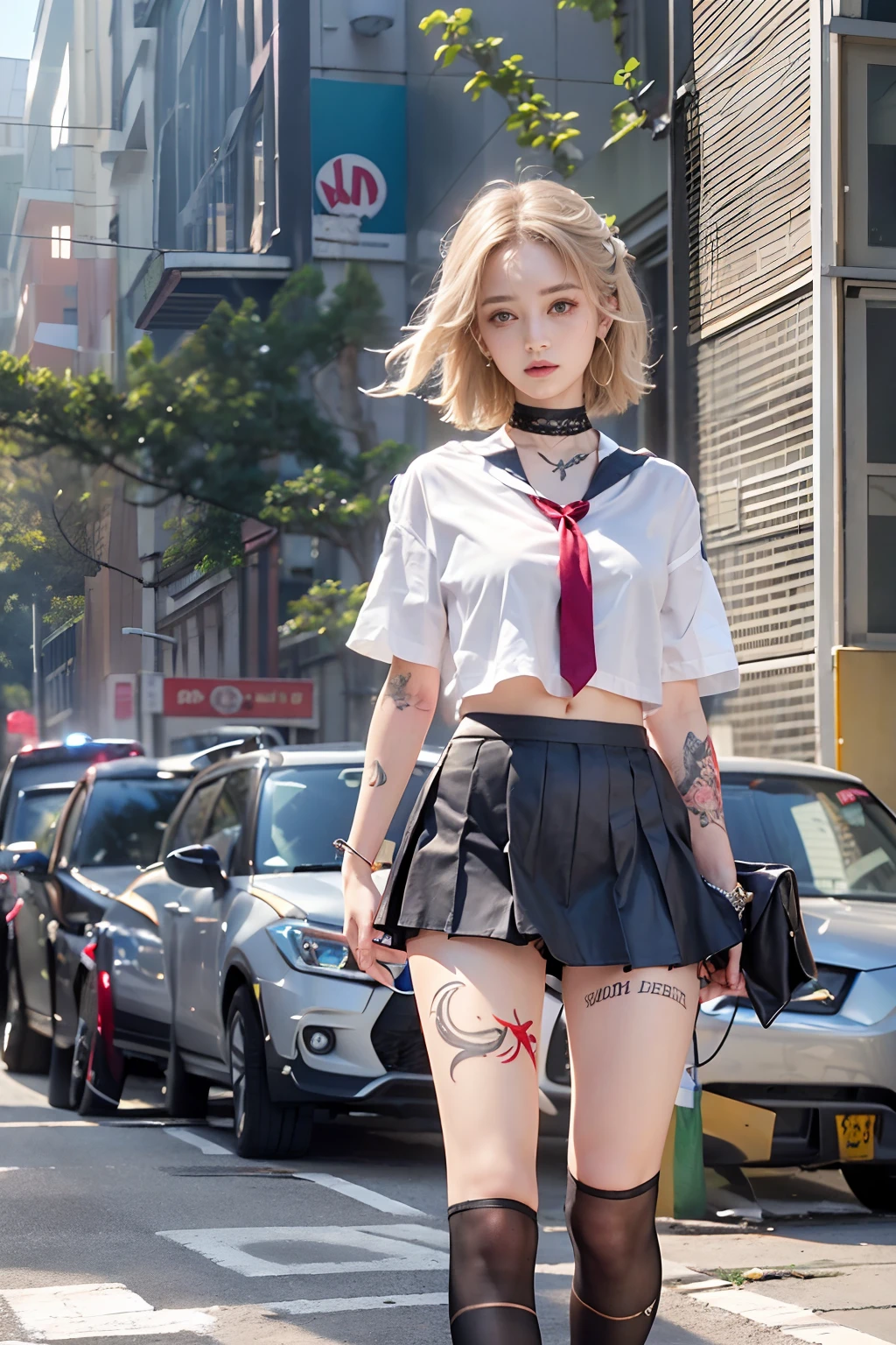 A black haired Japanese girl, bright blue eyes, wearing a white t-shirt, a black pleated skirt, thigh high stockings and black heels, wearing a red bomber jacket