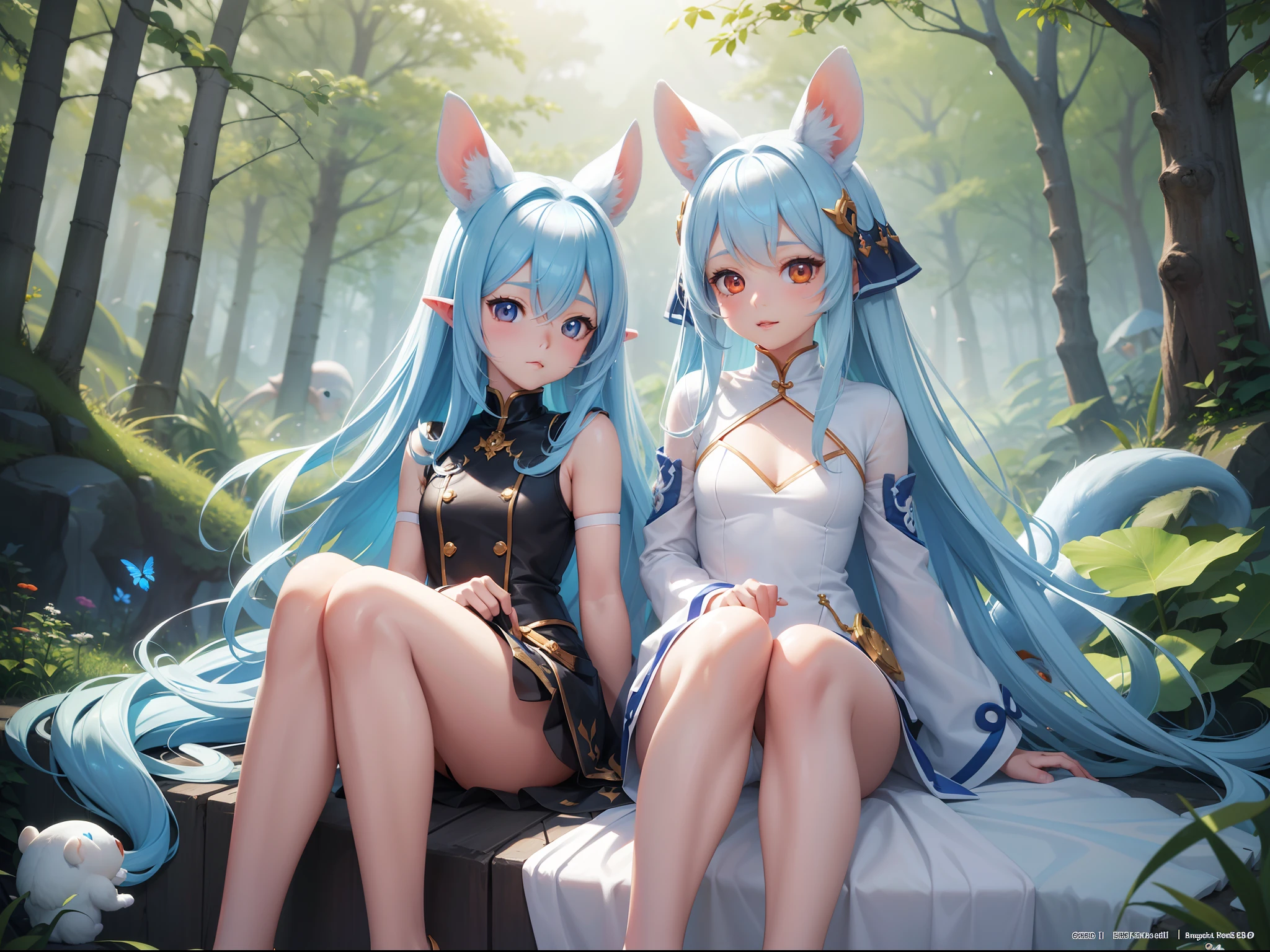 2 elf girls, 19 years old, multicolor hair, long braids, cat ears, sunset, fireflies, extreme abs, cute face, smiling, naked, nude, tattoos, fluorescent, magical scene, beautiful, fashion,