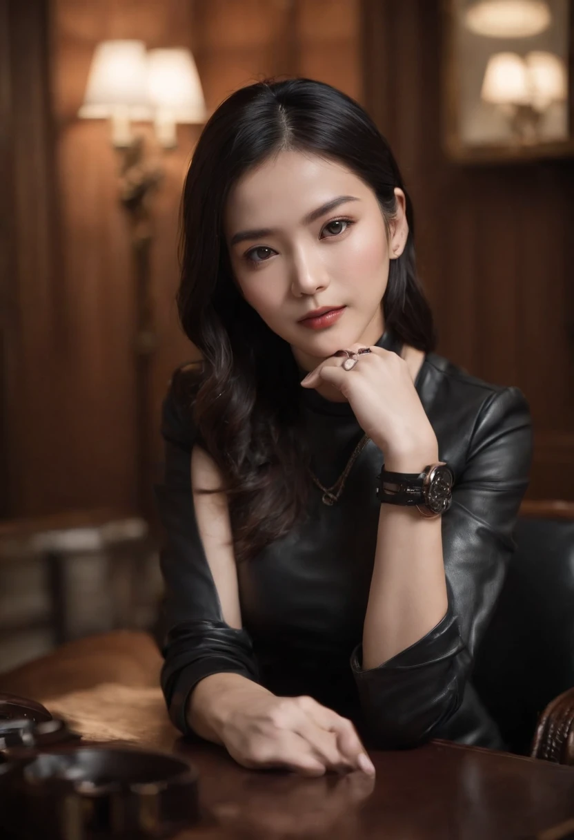 Wearing black leather gloves up to the fingertips and covering the upper body, black leather double rider jacket, slender necklace, a young and cute Japanese girl with beautiful black hair, sitting on a black leather chair facing the desk in the president's room at night, aligning both hands on the desk