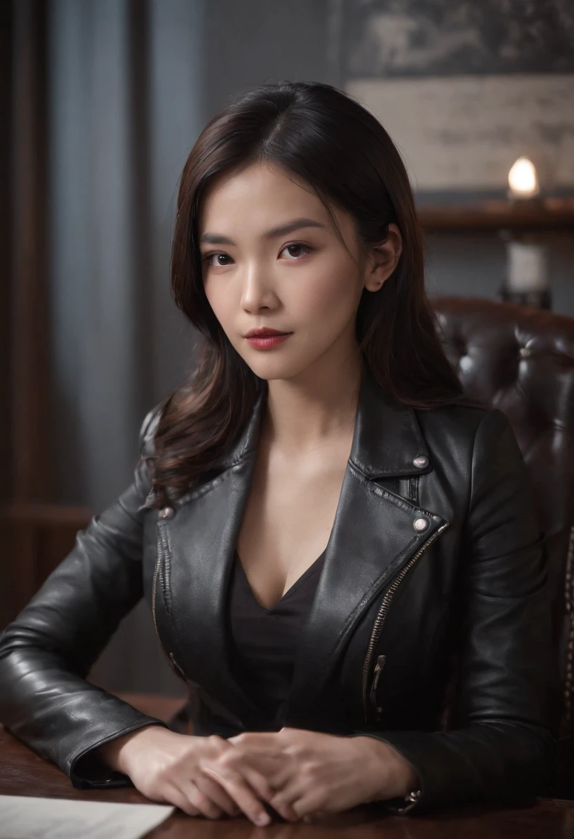 Wearing black leather gloves up to the fingertips and covering the upper body, black leather double rider jacket, slender necklace, a young and cute Japanese girl with beautiful black hair, sitting on a black leather chair facing the desk in the president's room at night, aligning both hands on the desk