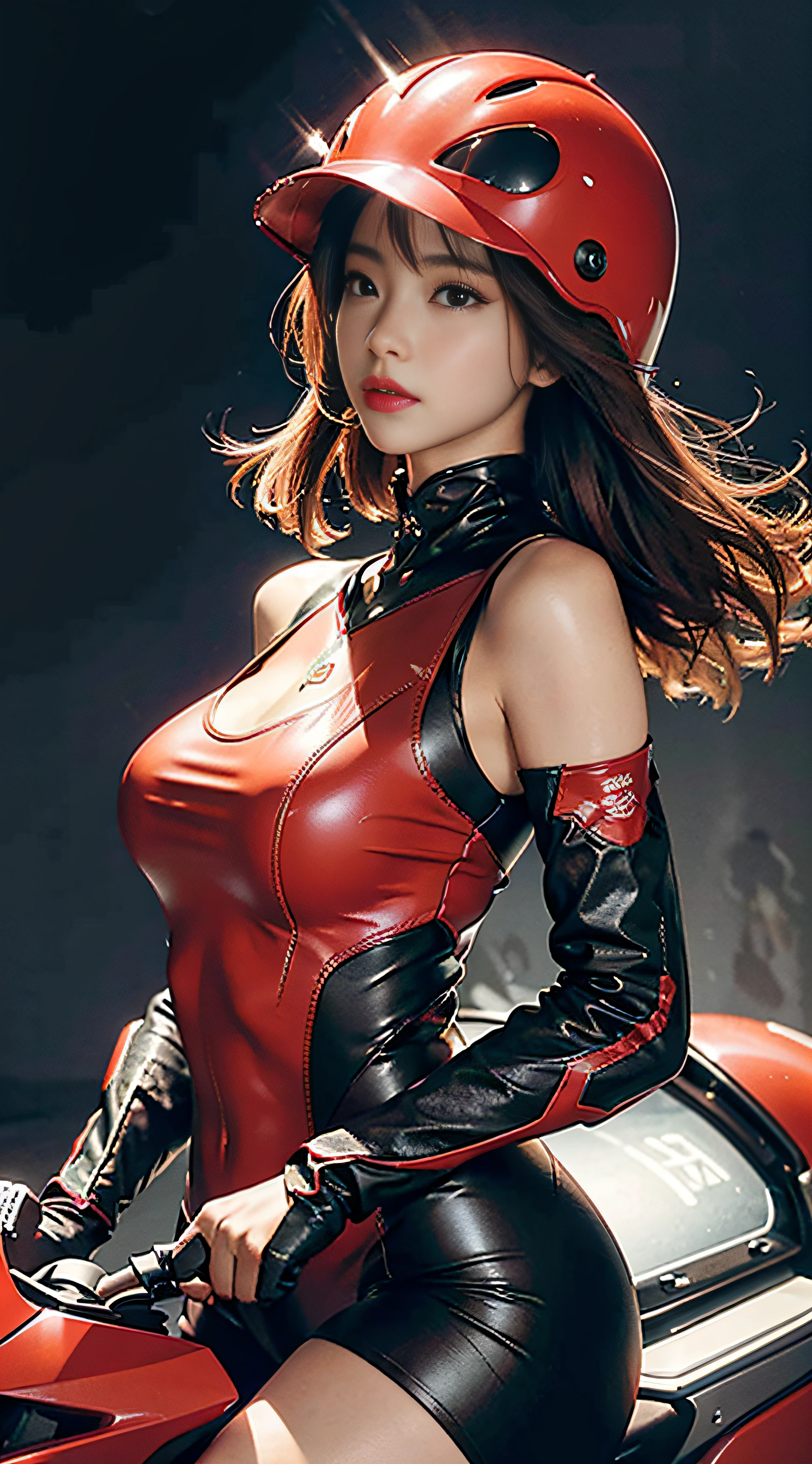 The highest image quality，Excellent detail，超高分辨率，（真实感：1.4），The best illustrations，Favor detail，Highly concentrated 1girl，exquisite and beautiful face，huge boob，The upper body is dressed in black and red tights，There is no opening in the chest，wearing a mech helmet，Hold the direction controller，riding a motorcycle，the background is a high-tech lighting scene of the city of the future。