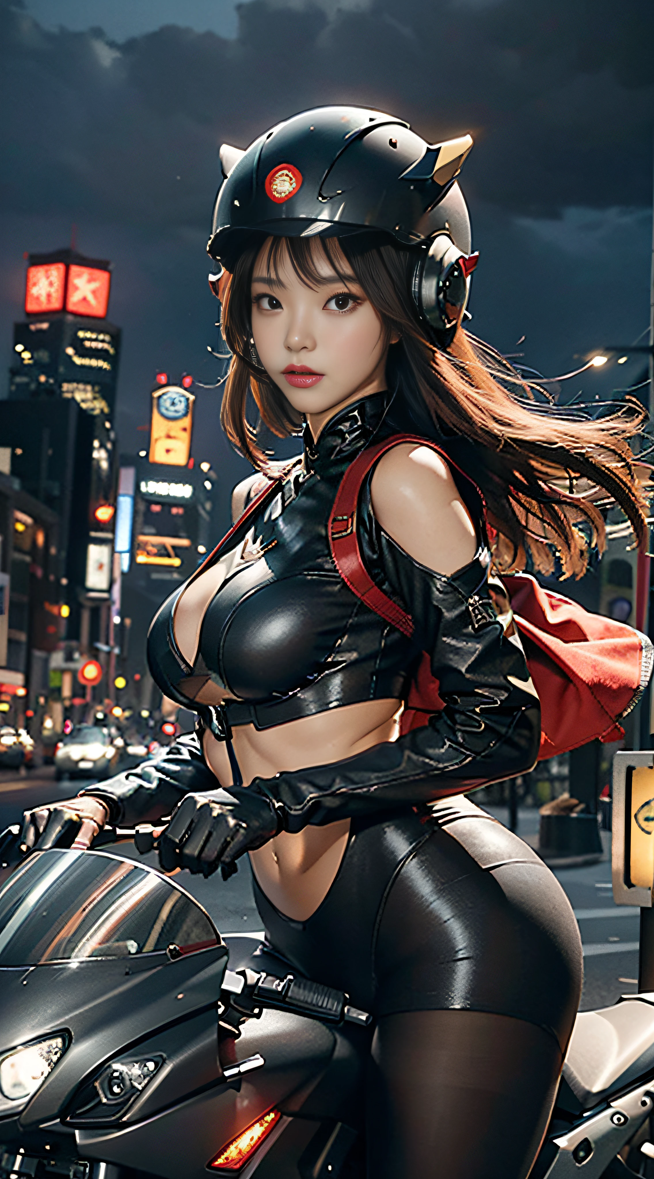 The highest image quality,Excellent detail,超高分辨率,(真实感:1.4),The best illustrations,Favor detail,Highly concentrated 1girl,exquisite and beautiful face,huge boob,The upper body is dressed in black and red tights,There is no opening in the chest,wearing a mech helmet,Hold the direction controller,riding a motorcycle,the background is a high-tech lighting scene of the city of the future。