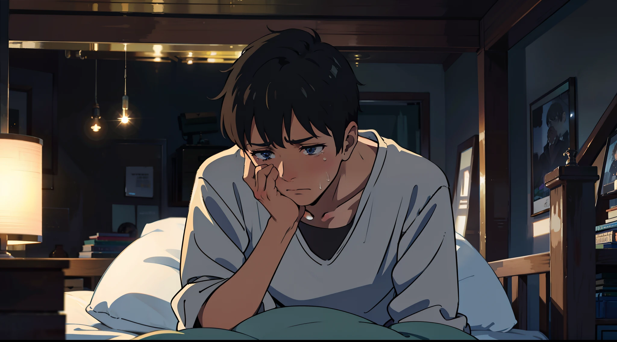 A Sad boy Crying in dark room, male, Night, bed