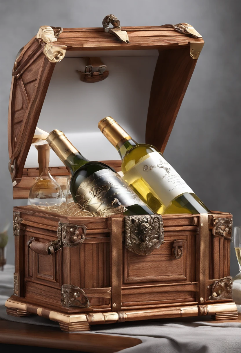 A treasure chest,Copper wire,Quality wood,There is 1 bottle of white wine inside