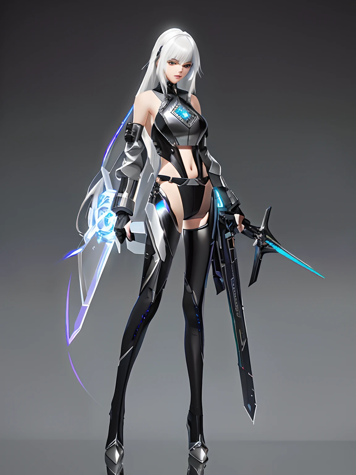 Future female agent,Wearing a silver diamond tights,Black leather pants,Hidden in the sleeve is a fantasy weapon made of a sharp mirror,silvery white hair,Grim expression,Next-generation characters, 3 D rendering character art 8 K, crystalline skin,