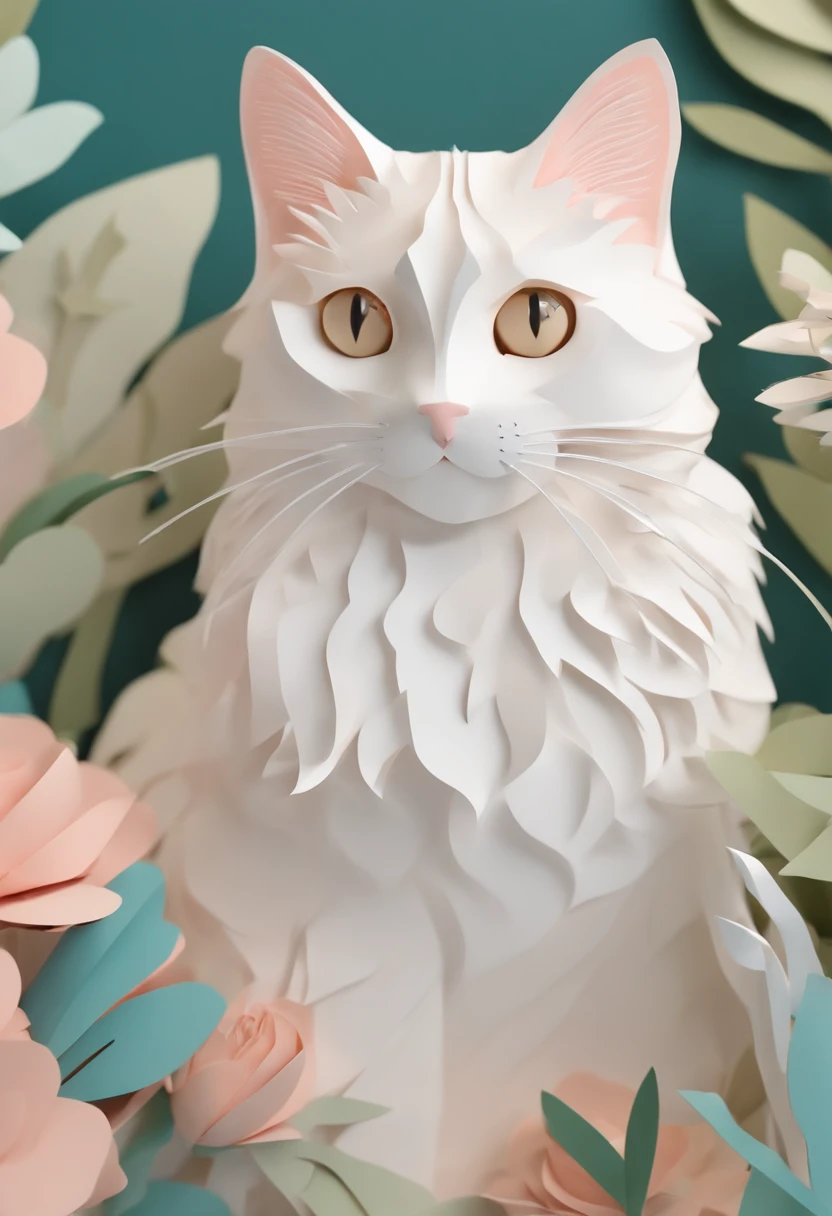 Paper cut art of cute cat, 3d render, pastel color, (masterpiece), (paper cut art)