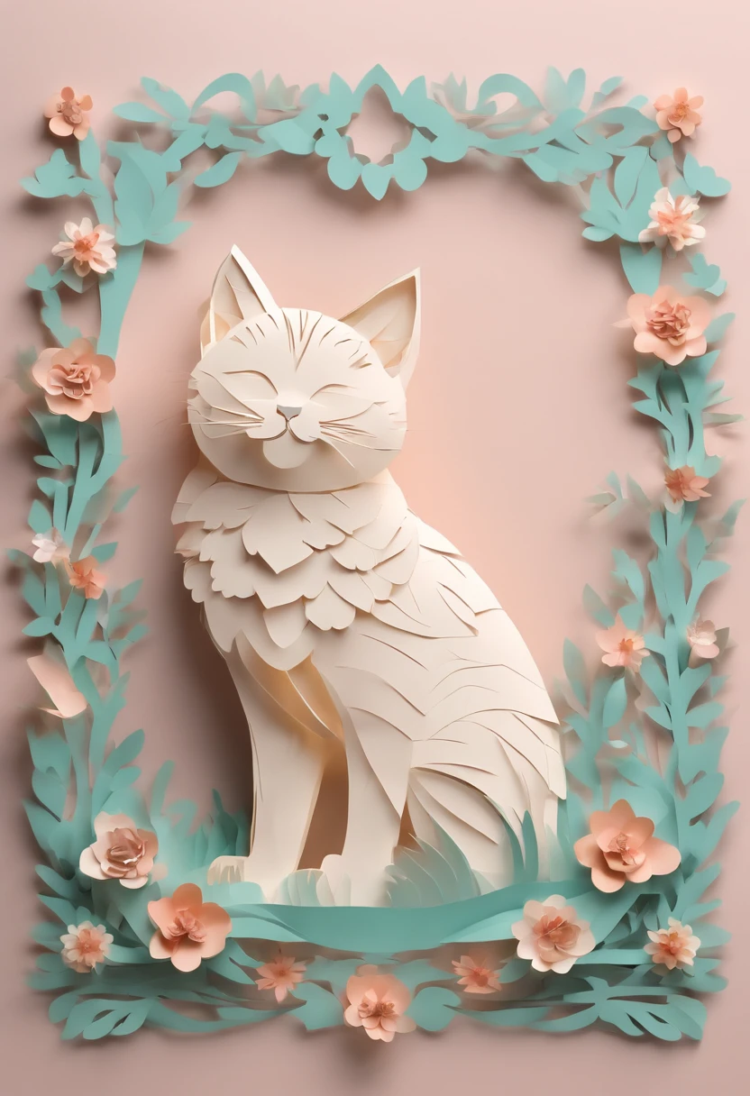 Paper cut art of cute cat, 3d render, pastel color, (masterpiece), (paper cut art)