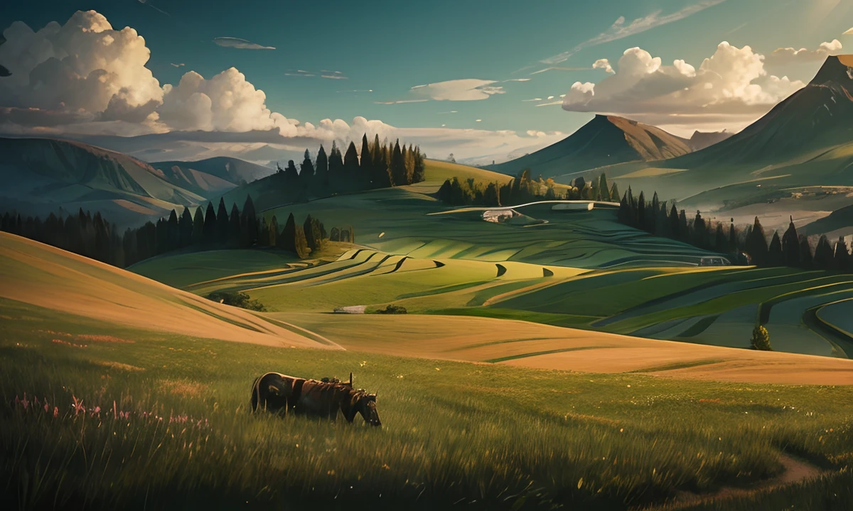Hills. Grass meadows below. Dystopian art