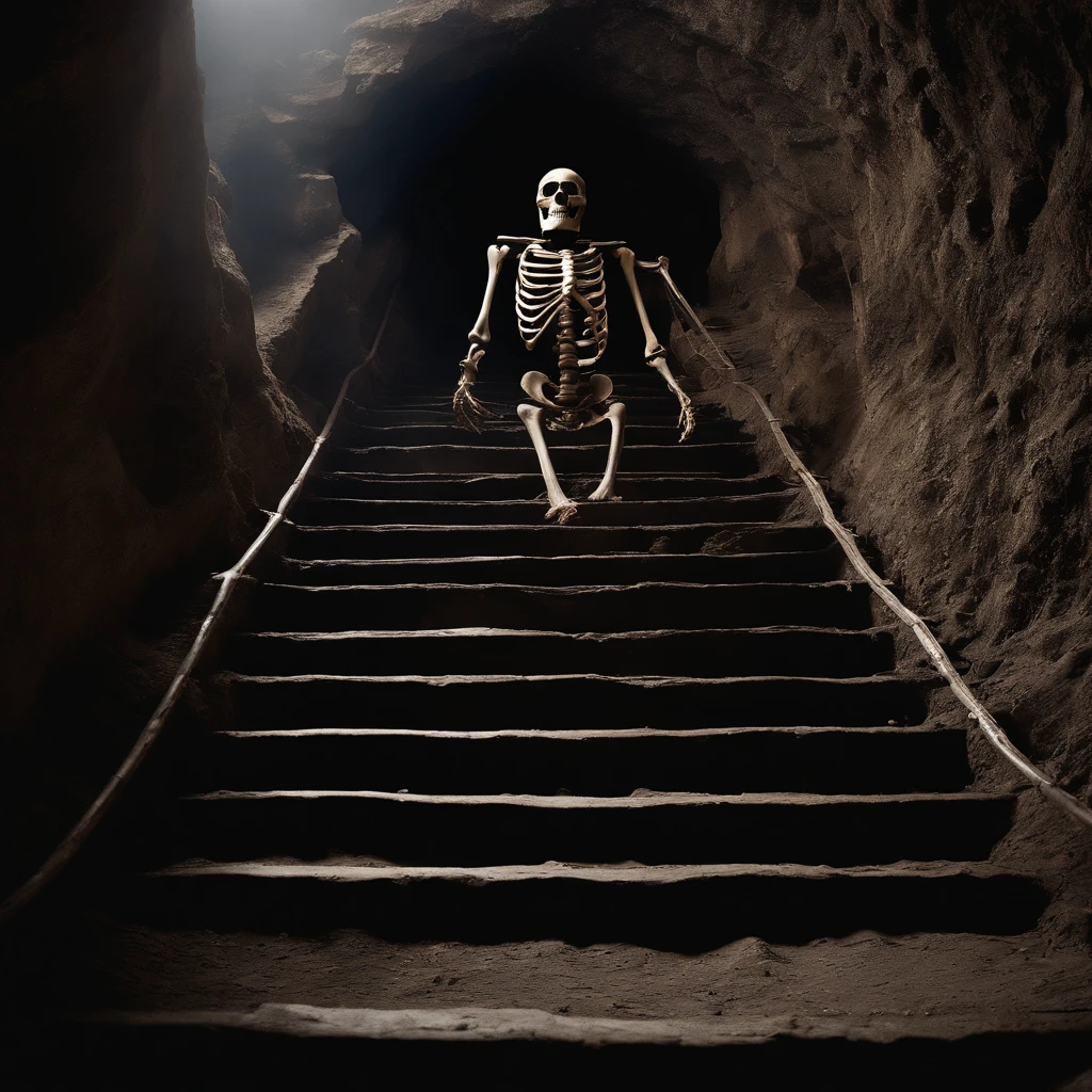 A man walks up the stairs in a cave, stairs from hell to heaven, Hellscape, Travel through hell, portal to hell, Out of the flames, portal to hell, stairway to heaven, portal to hell, Surreal hell, portal to hell, Stand in hell, iintricate、Epic composition, amazingly epic visuals, Hell background,skelleton,The skeletons fall apart on the road