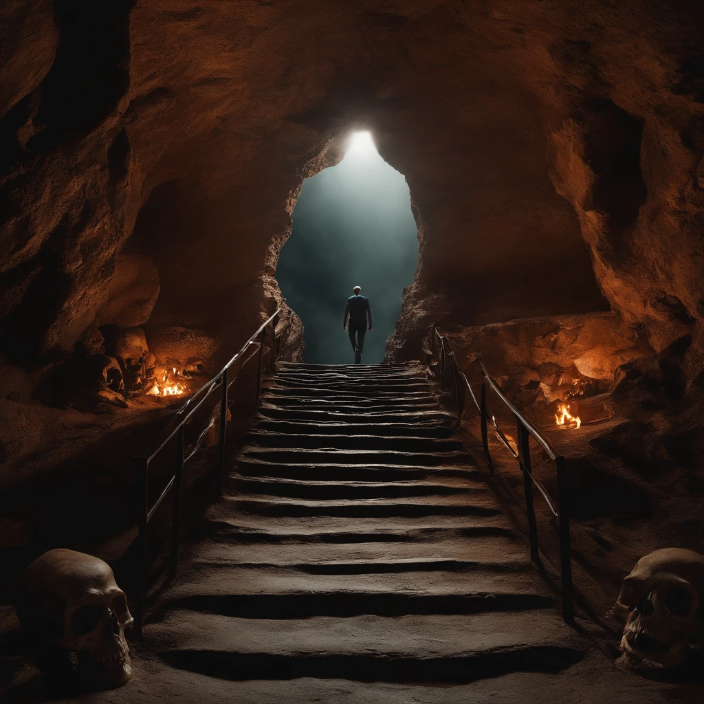 A man walks up the stairs in a cave, stairs from hell to heaven, Hellscape, Travel through hell, portal to hell, Out of the flames, portal to hell, stairway to heaven, portal to hell, Surreal hell, portal to hell, Stand in hell, iintricate、Epic composition, amazingly epic visuals, Hell background,skelleton,The skeletons fall apart on the road