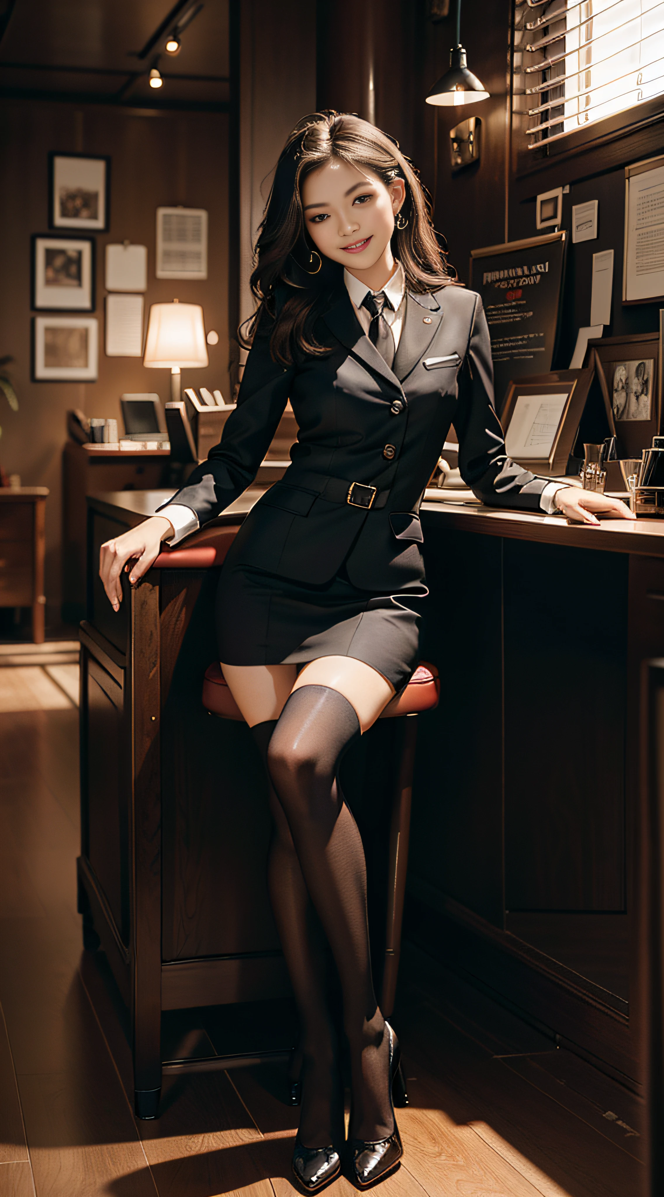 Best Quality, Full Body Portrait, Cinematic Texture Shot, Exquisite Face, Beautiful Face, 20 Year Old Woman, Smiling, Slim Figure, Small Bust, OL Uniform, Office Wear, Black Stockings, Interior Scene, Office, Seated