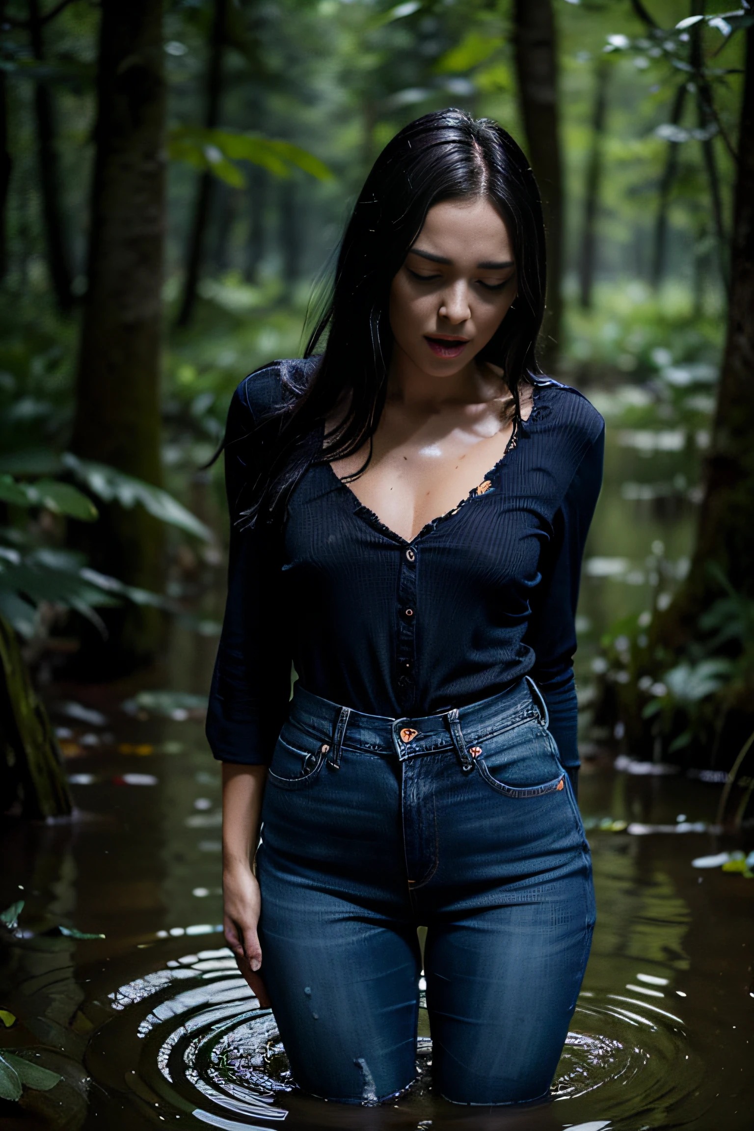 Photorealistic Art of the Tragic Death of a European Woman (in a denim skirt, blouse, and lace stockings with garters:1.2). Bob haircut, elongated face,,,,(Pronounced wrinkles:1.2). (She's drowning in a murky swamp:1.4), standingn, Filled with despair and sexual ecstasy. She revels in her tragic fate. shame. dramatic, tragic, death,Dramatic atmosphere. Humid air,twilight, (Psychological thriller:1.3)