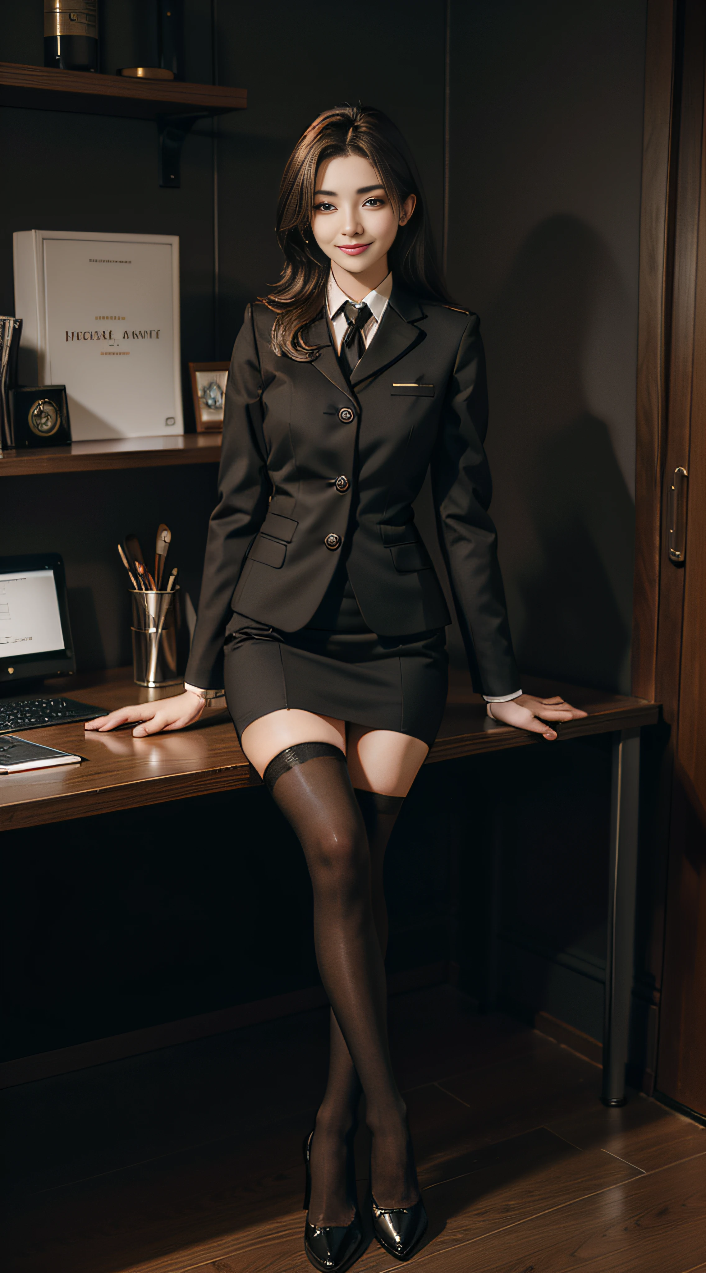 Best Quality, Full Body Portrait, Cinematic Texture Shot, Exquisite Face, Beautiful Face, 20 Year Old Woman, Smiling, Slim Figure, Small Bust, OL Uniform, Office Wear, Black Stockings, Interior Scene, Office, Seated