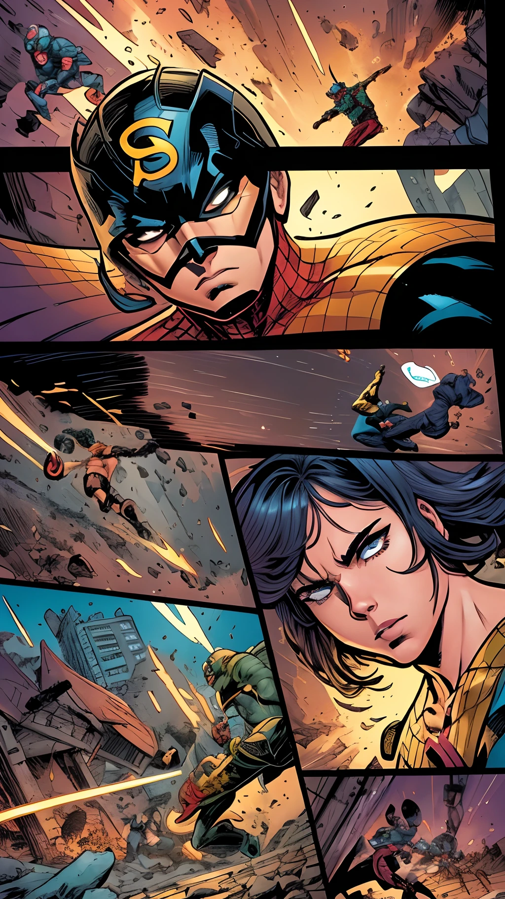 a comic book scene, strip comic, action shot, escape scene, superhero, crime, bold color, film, ar--9:16 --auto --s2