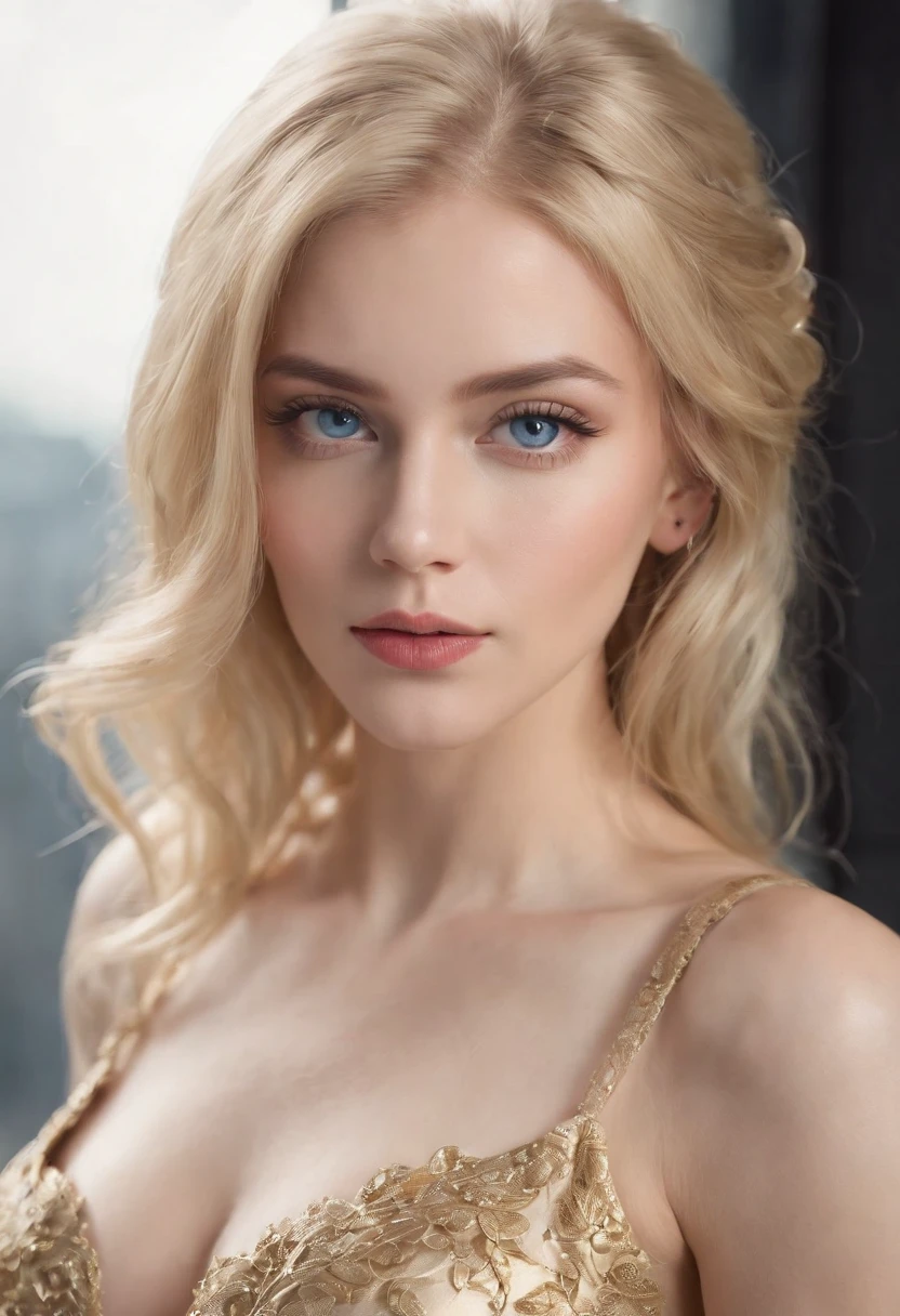 woman, Realistic character,coiffed blonde hair, Gold silk dress,Show the chest,Blue eyes, anime big breast, Alone, modern, cyber punk perssonage,fully body photo
