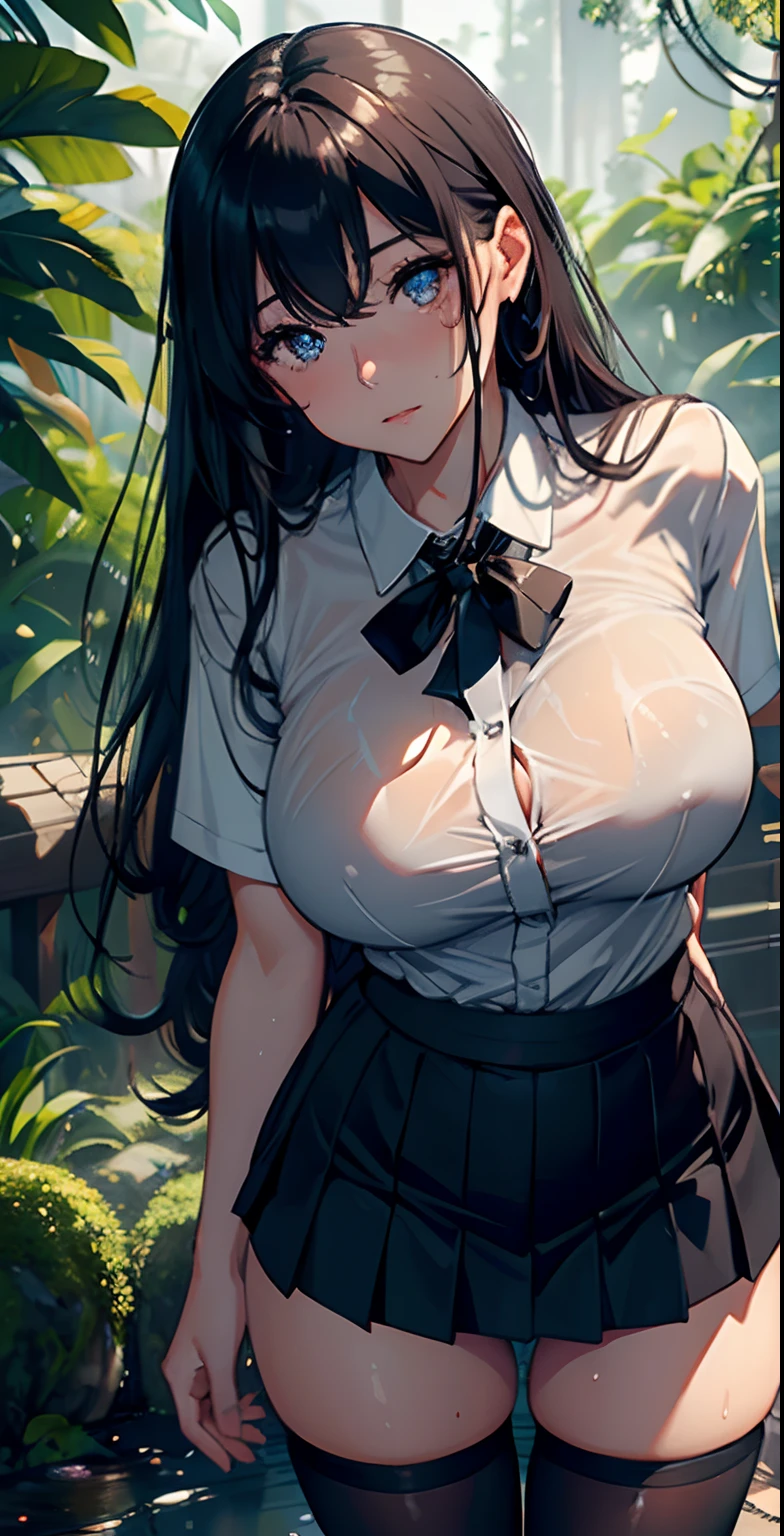 1Female,25 years old,big breasts,Pornographic exposure,solo,(Background with:ln the forest,the rainforest,in summer) with her long black hair,standing up,sweating profusely,soaked all over her body,seen from the front, Curly,mostly cloudy sky,(((tmasterpiece),(Very detailed CG unit 8k wallpaper),best quality,kinematic lighting,detailed background,beautiful detailed eyes,bright pupils,(Very thin and beautiful),(Beautiful eye description and detailed, Japanese high school girl(Wearing:white shirt,black tie,JK skirt,tights)nude,high heels