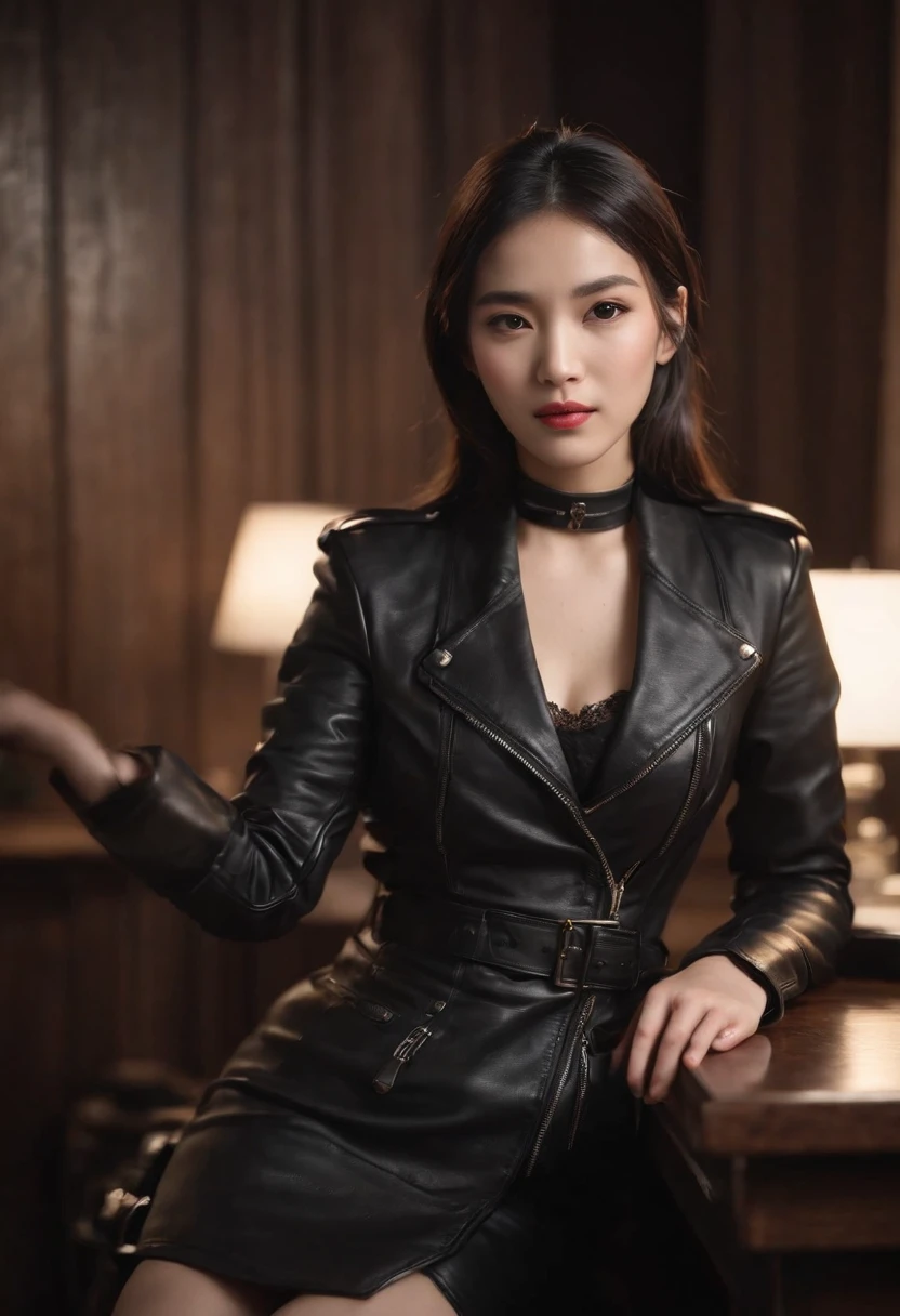(8k, Highest quality, Ultra-high resolution、masterpiece、RAW Photos)、Leather clothing、Portraiture, Ultra-high resolutionの生カラー写真, Professional photos、(Realistic, Actual photo),(1 person)、(Delicate face、Detailed face and eyes、High resolution eyes、double eyelid、Glossy Lips)、Beautiful woman with perfect body、Full body image, Glowing Skin、Dark brown hair、Large Breasts、sharp long legs、(Happy expression)、(Collared shirt)、(Houndstooth long leather skirt:1.3)、(silk pantyhose)、High heels、Sitting pose, High resolution skin texture、night background、Wind、Starry Sky、moon、((Perfect body、Perfect Anatomy、Anatomically correct))